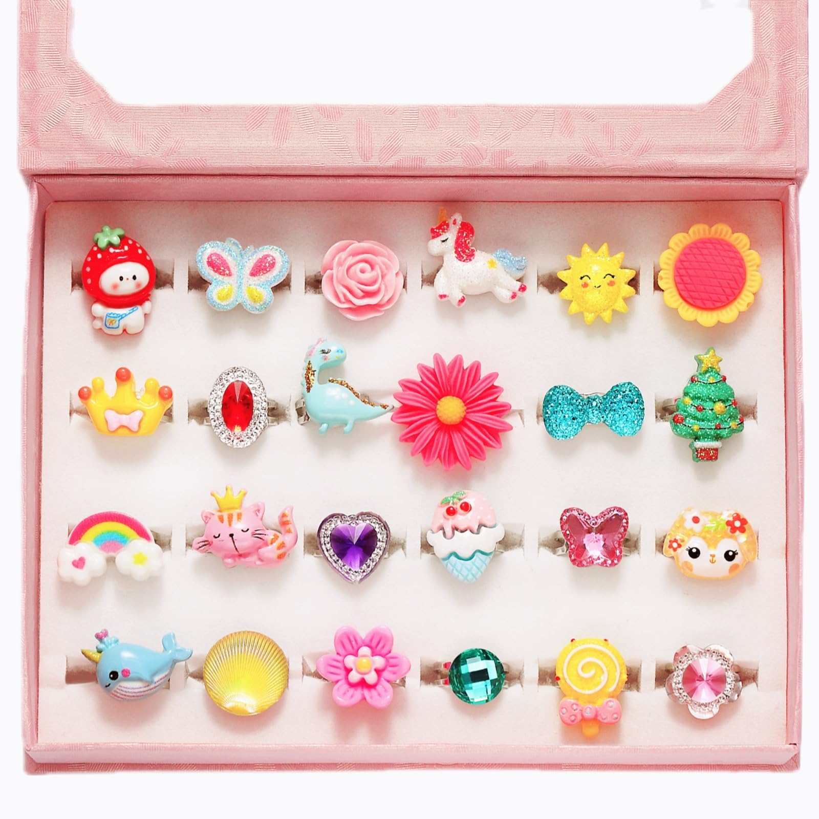 PinkSheep Little Girl Jewel Rings in Box, Adjustable, No Duplication, Girl Pretend Play and Dress Up Rings (24 Lovely Ring)