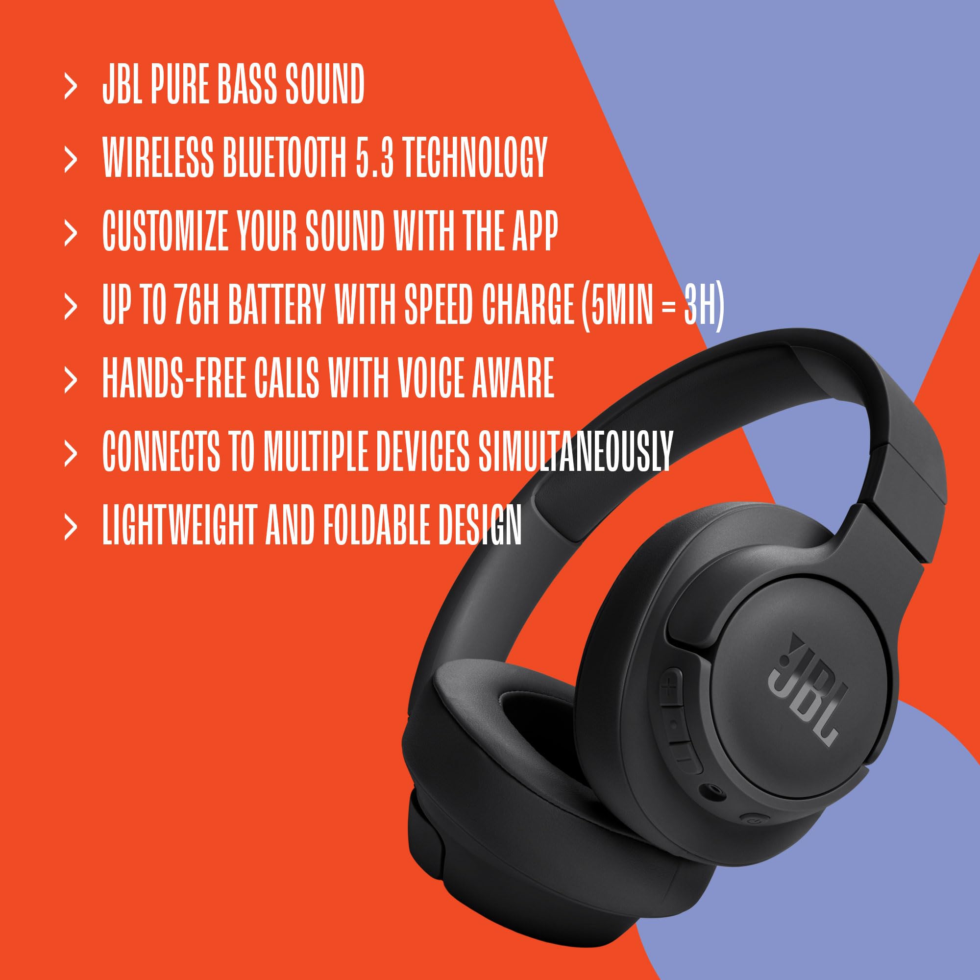 JBL Tune 720BT - Wireless Over-Ear Headphones with JBL Pure Bass Sound, Bluetooth 5.3, Up to 76H Battery Life and Speed Charge, Lightweight, Comfortable and Foldable Design (Blue)