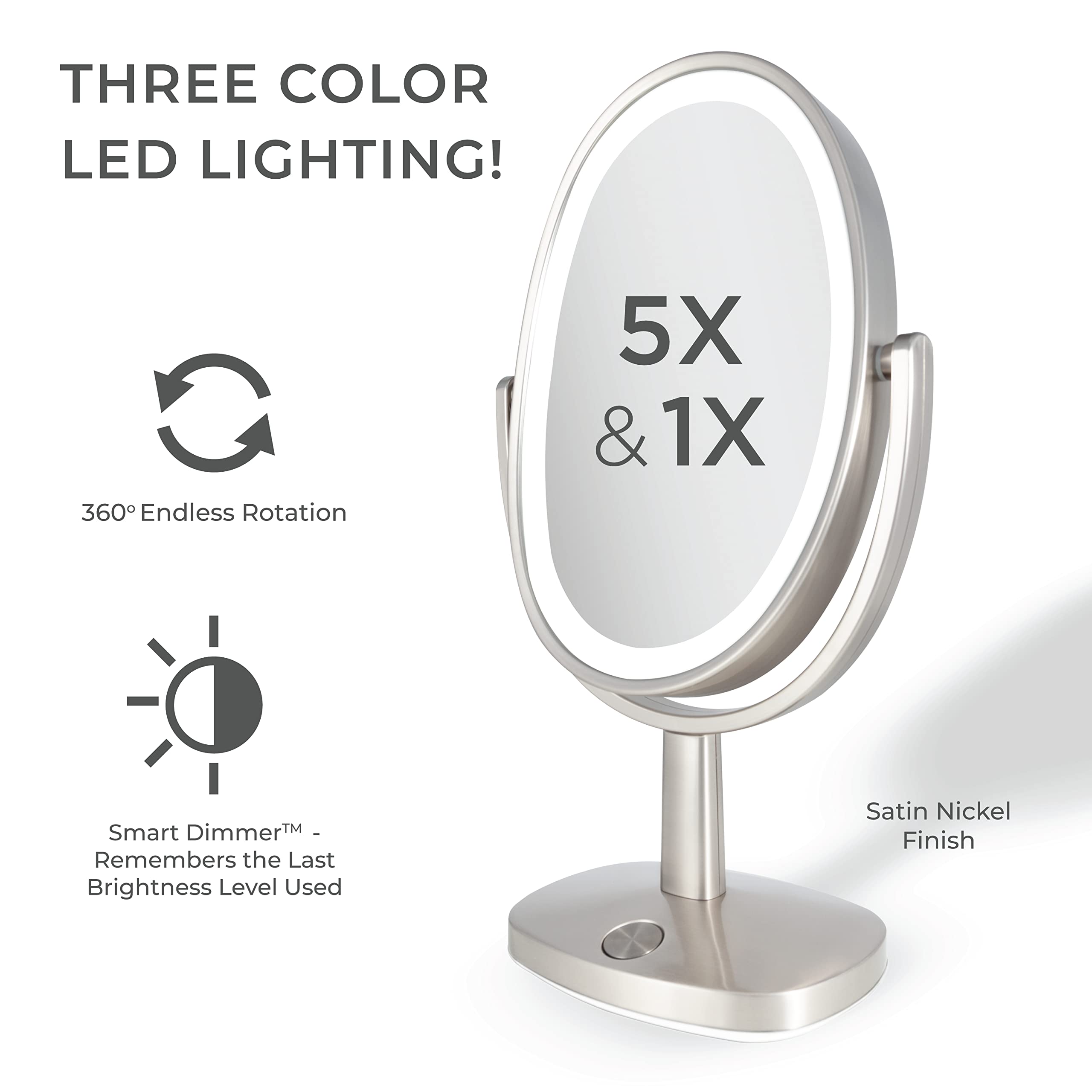Zadro Newport 10" by 18" Oval LED Lighted Makeup Mirror with Magnification 5X/1X Touch Control Makeup Mirror with Lights