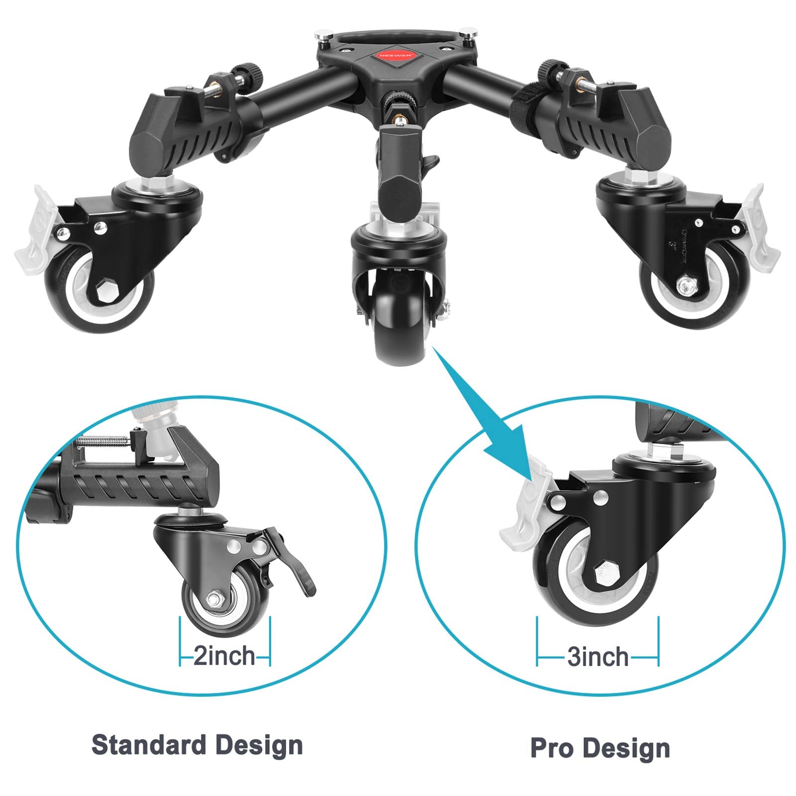 NEEWER Photography Tripod Dolly, Heavy Duty 50lbs Capacity Tripod Wheels with 3" Rubber Wheels for DSLR Cameras Camcorder Photo Video Lighting