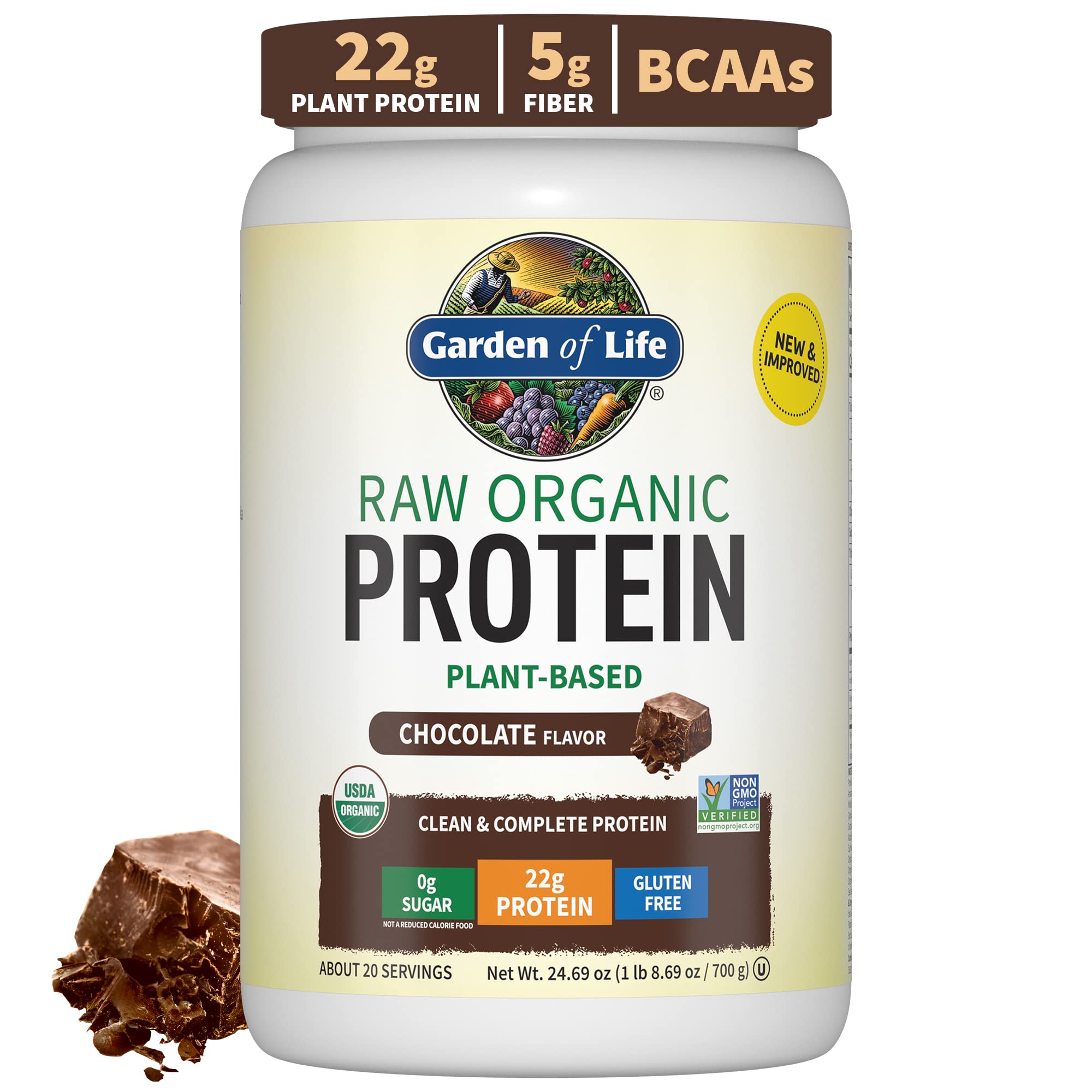 Vegan Protein Powder - Chocolate Protein Powder, Organic Protein Powder, 22g Plant Based Protein & BCAAs, Probiotics & Digestive Enzymes - Garden of Life Protein Powder, Gluten & Lactose Free 1.5 LB