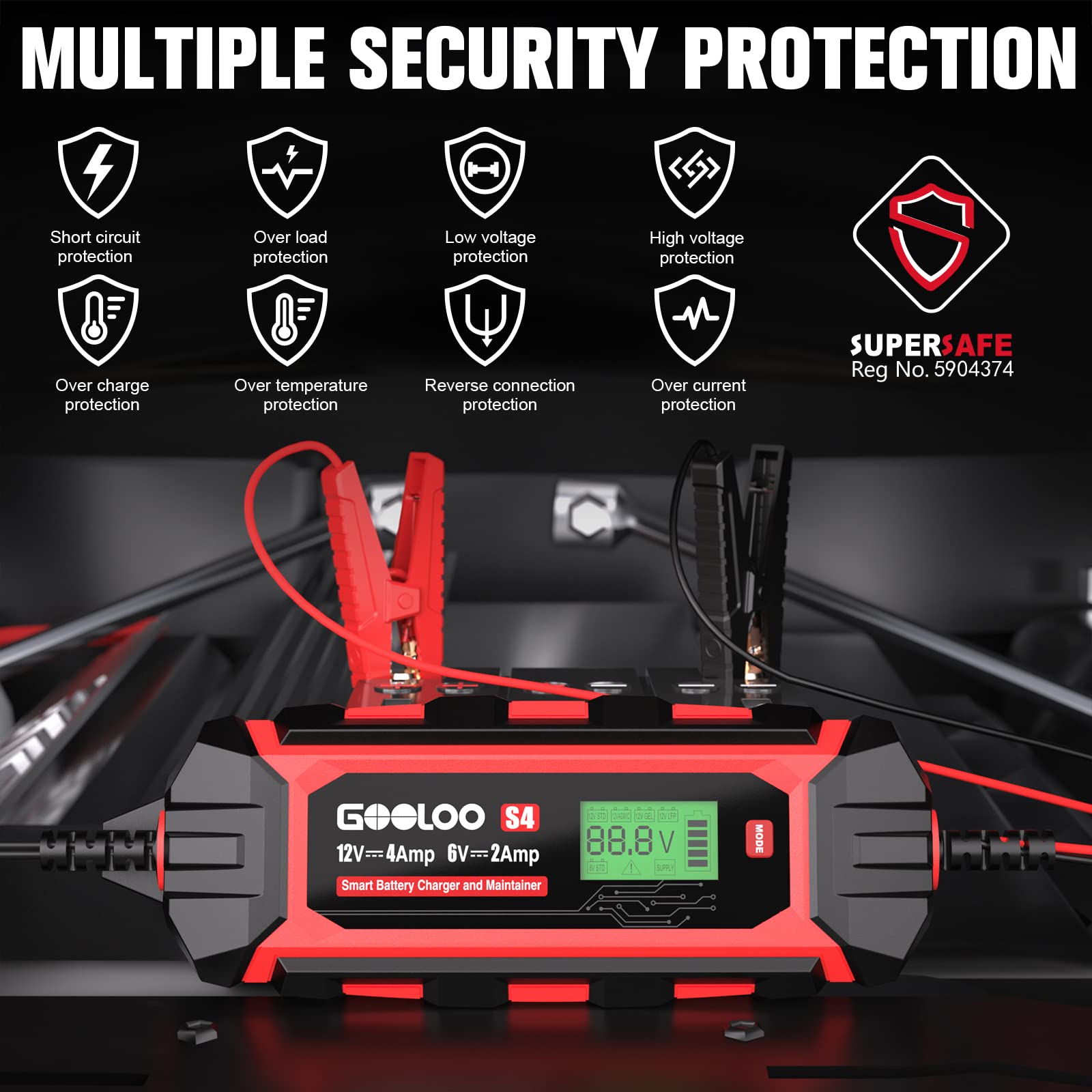 GOOLOO S4 4 Amp Car Battery Charger Automotive, 6V/2A 12V/4A Smart Trickle Charger Maintainer with Supply Mode, Automatic Motorcycle Battery Charger for Truck Lawn Mower RV Boat Lead-Acid Battery