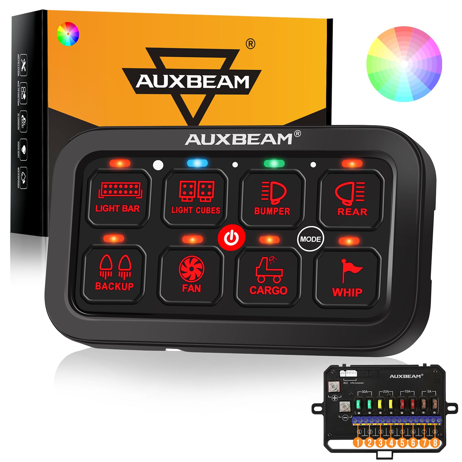 Auxbeam 8 Gang Switch Panel RA80 Toggle Momentary Pulsed RGB Dimmable Multifunction Switch Panel Easy Installation Marine Switch Pod IP65 Waterproof for Car Boat RV, 2 Years Warranty