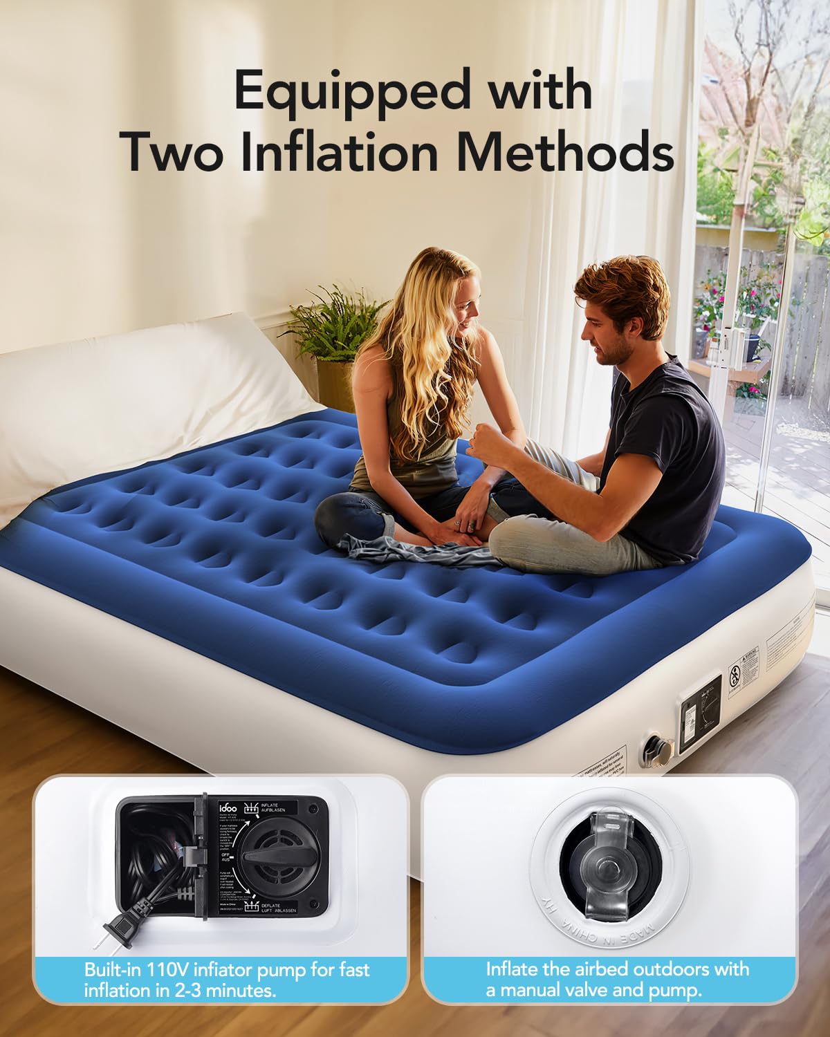 iDOO Air Mattress Queen with Built in Pump, Comfortable Inflatable Mattress with Storage Bag for Camping & Guest, 13" Tall Fast Self-Inflating Blow Up Mattress, Durable Air Bed, Colchones Inflables