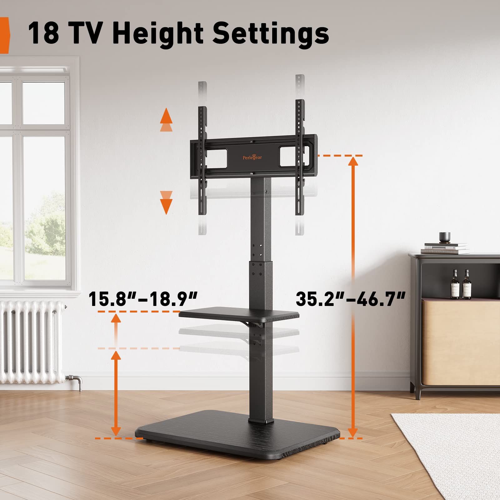 Perlegear Floor TV Stand with Power Outlet, Universal TV Stand for 32-75 inch TVs up to 110 lbs, Height Adjustable TV Stand with Swivel, Floor TV Mount Stand with Wood Base, Max VESA 600x400mm, PGFS06