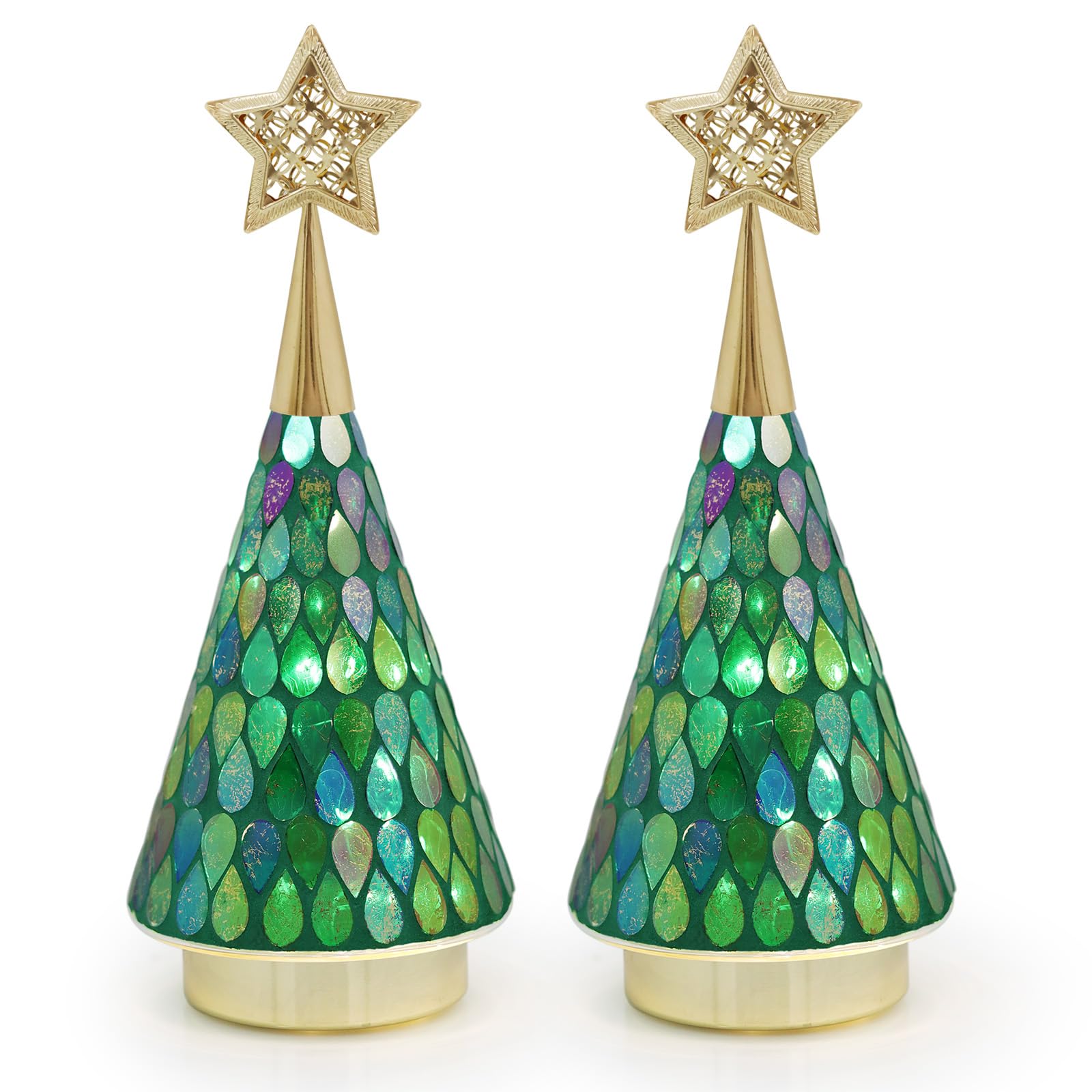 Green Mosaic Glass Christmas Tree, 2 PCS Small Tabletop Christmas Trees with Light, Battery Operated Mini Xmas Tree for Mantel Decor 11"