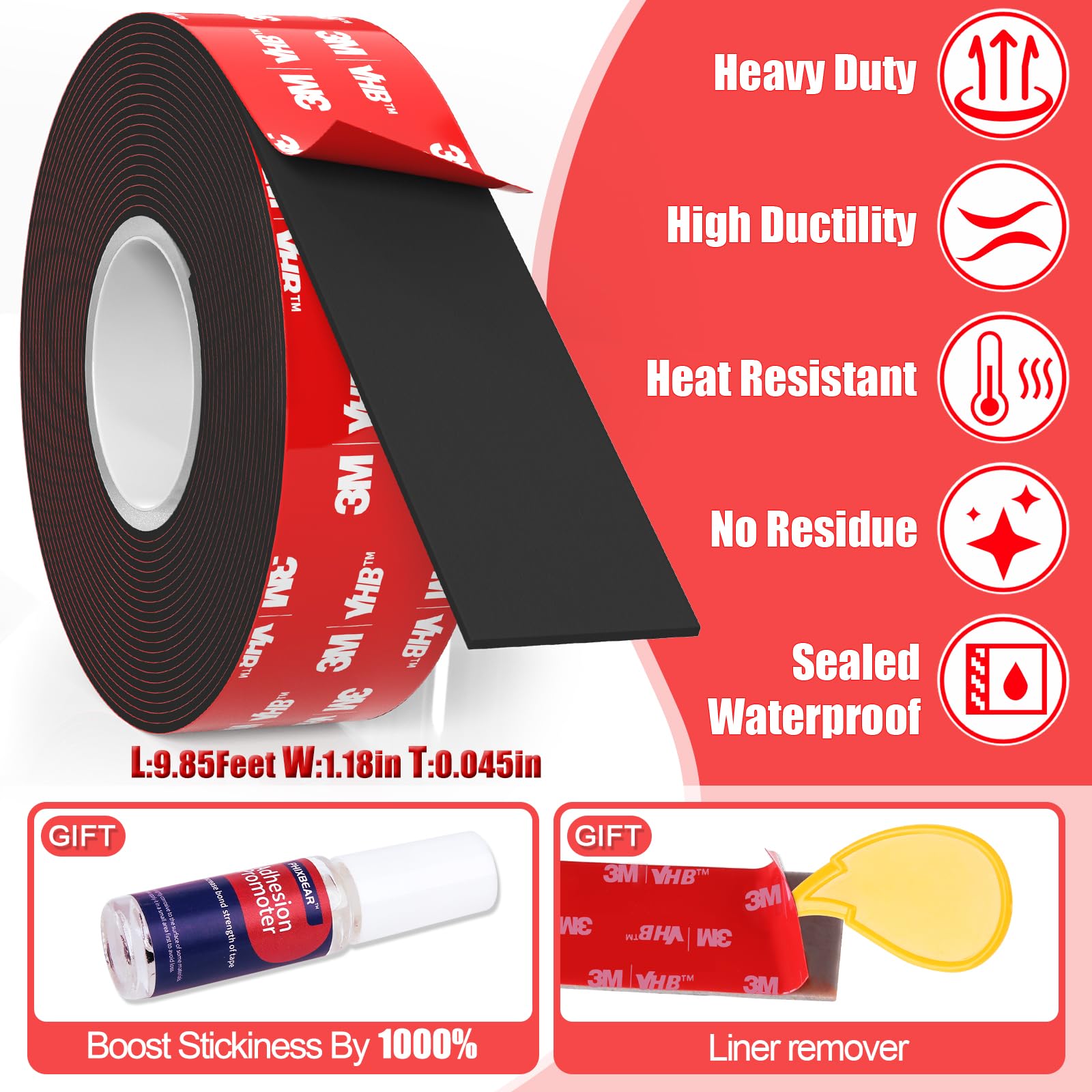 PHIXBEAR Heavy Duty Double Sided Mounting Tape, Made of 3M VHB, Weatherproof & Removable with No Residue - for Home, Outdoor & Automotive Use, 1.18"x120"