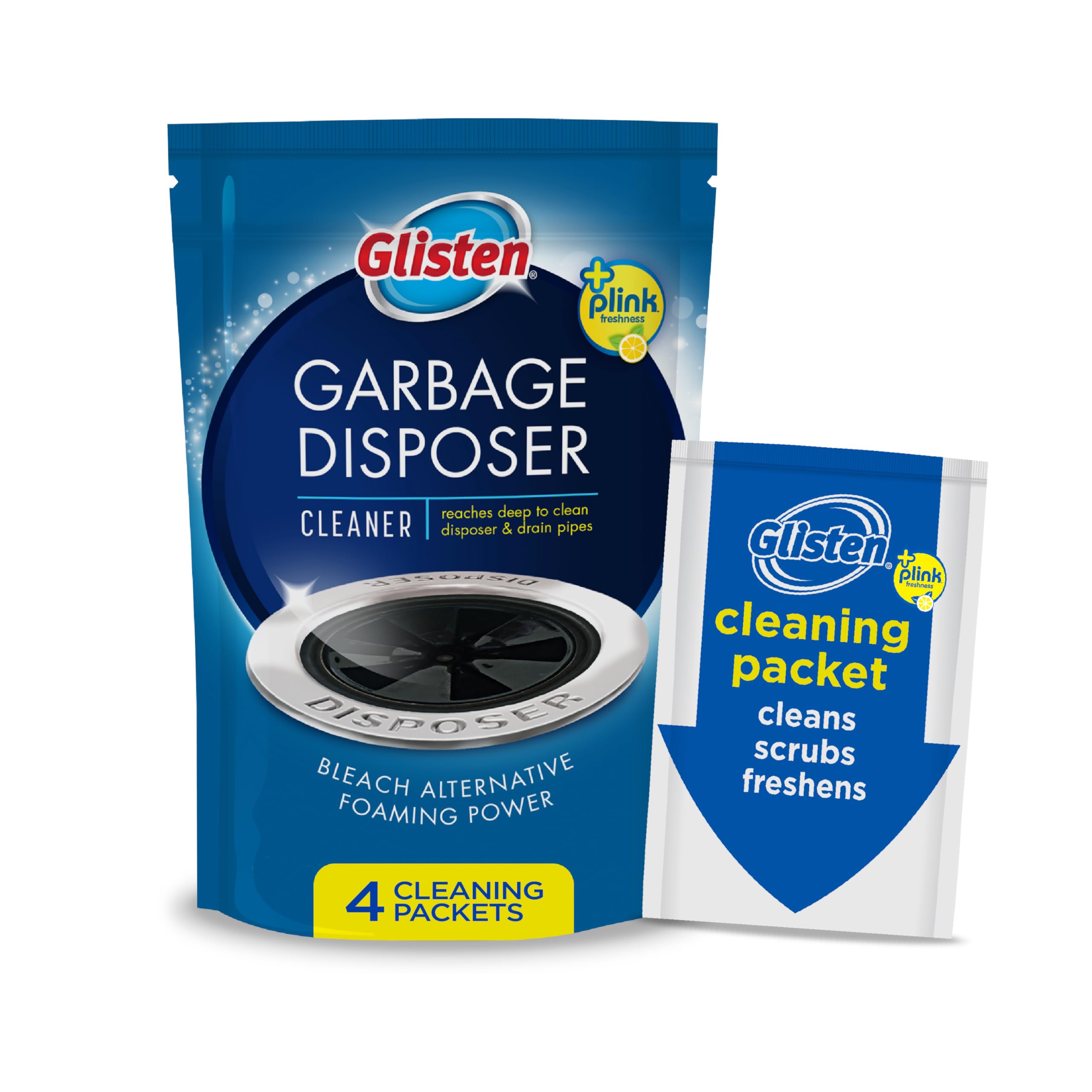 Glisten Garbage Disposer Cleaner and Freshener, Sink Disposal Odor Eliminator with Foaming Action, Lemon Scent, Made in the USA, 4 Packets