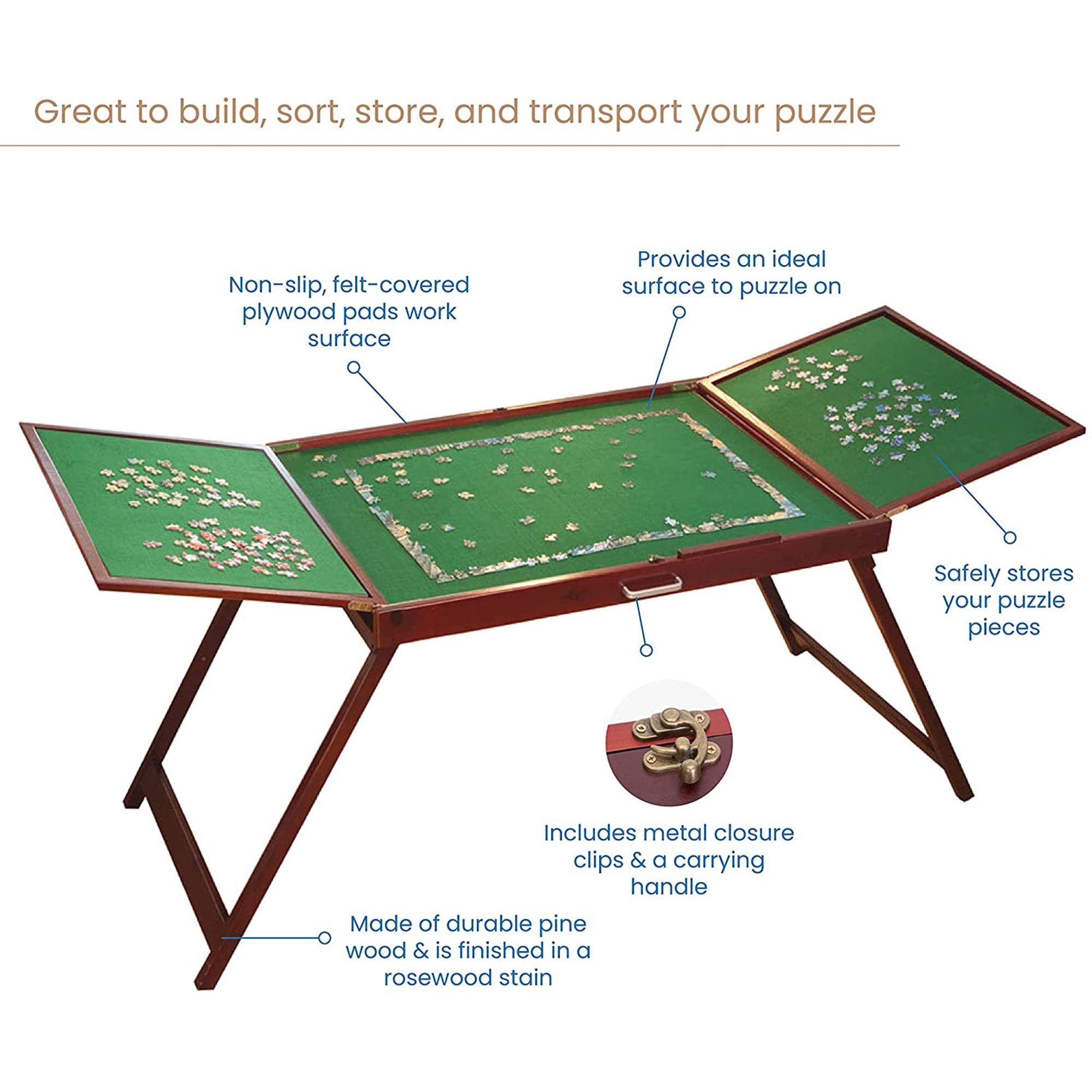 Bits and Pieces Fold-and-Go Wooden Jigsaw Puzzle Table with Legs, Foldable Puzzle Board for Up to 1500 Pieces, 30" Tall, 25" x 34" Assembly Surface