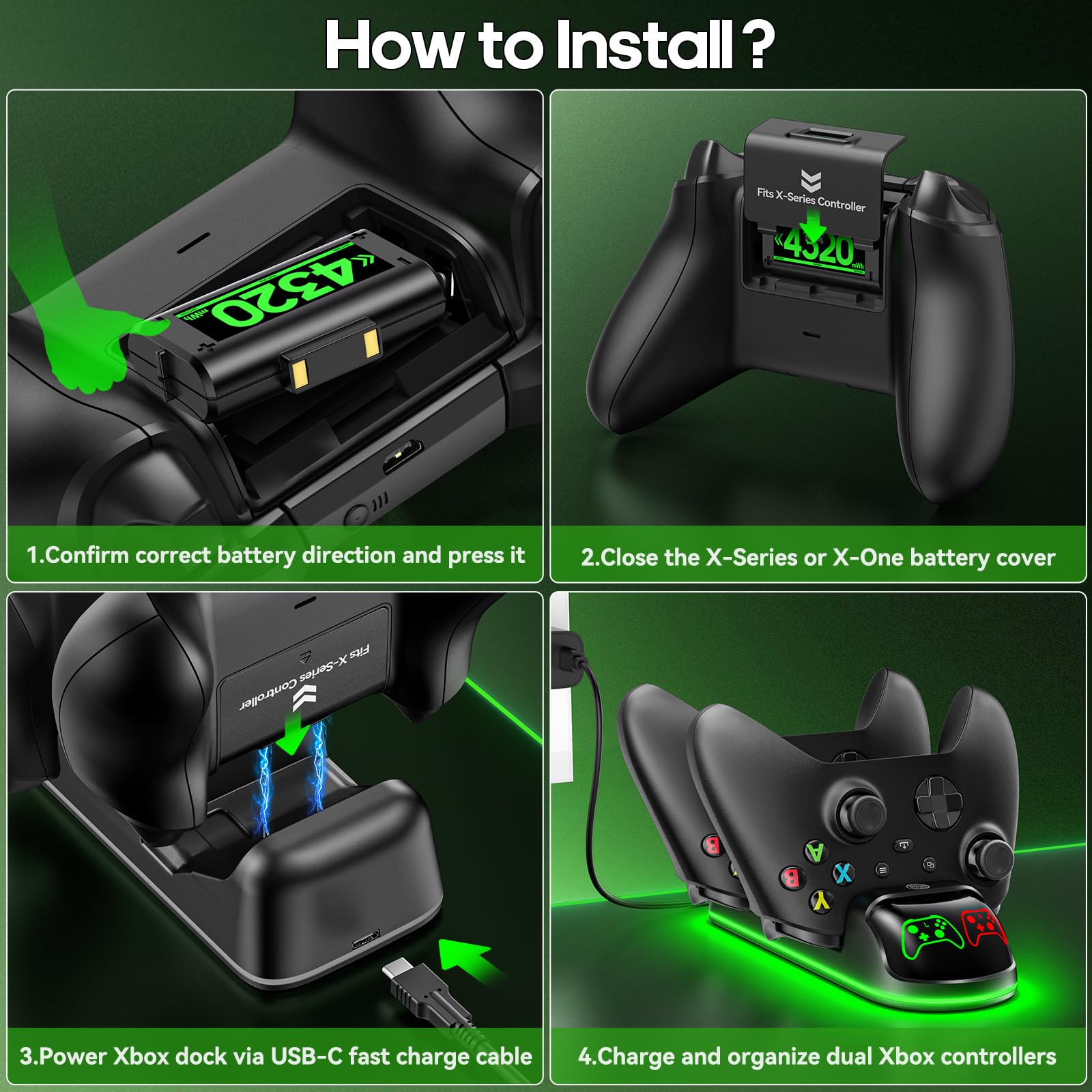OIVO XSX Controller Charger Station with 2 Packs 4320mWh Rechargeable Battery for Xbox Series X/S/One/Elite/Core Controller, Charging Dock with 4 Packs Covers (1800mAh)