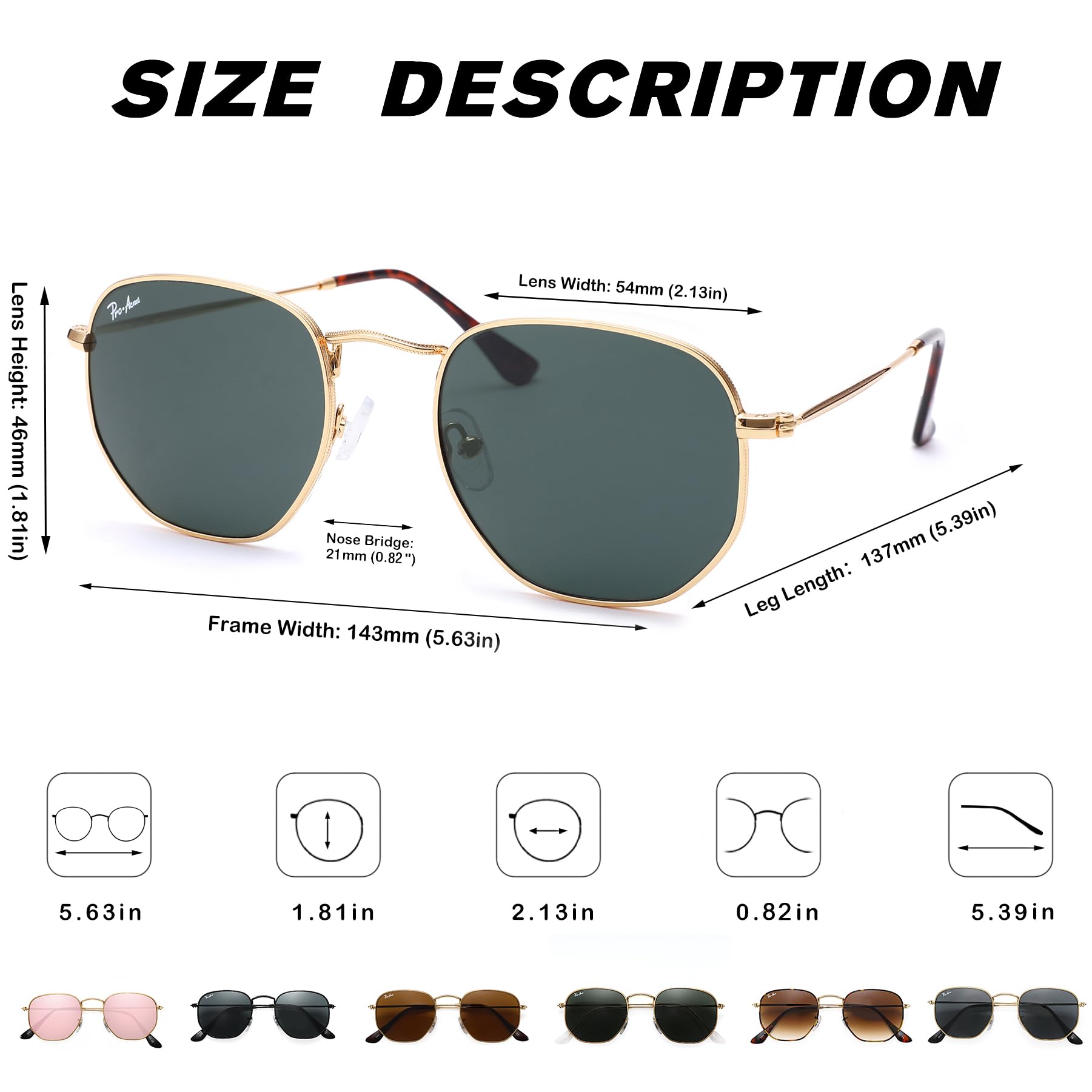 Pro Acme Small Square Sunglasses for Women Men 100% Real Glass Lens Hexagonal Frame (C1 | Gold | Grey, 51)