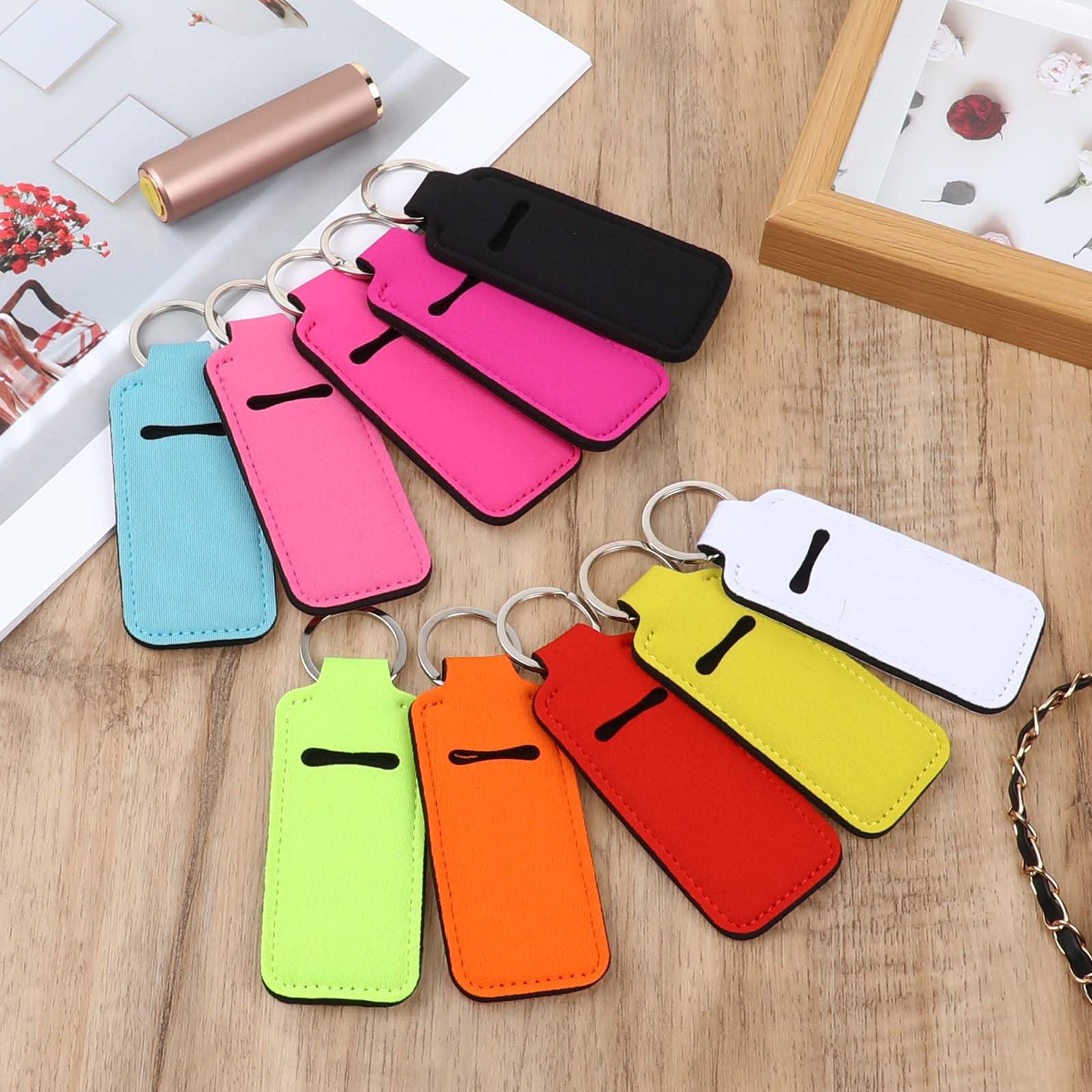 Key Chain Chapstick Holder, 10 Pcs Lip Balm Holder Solid Color Lipstick Holder, Colorful Lip Gloss Holder Keychain Pendant, Keychains Clip-on Lipstick Sleeve Pouch for Women and Girls, 10 Colors