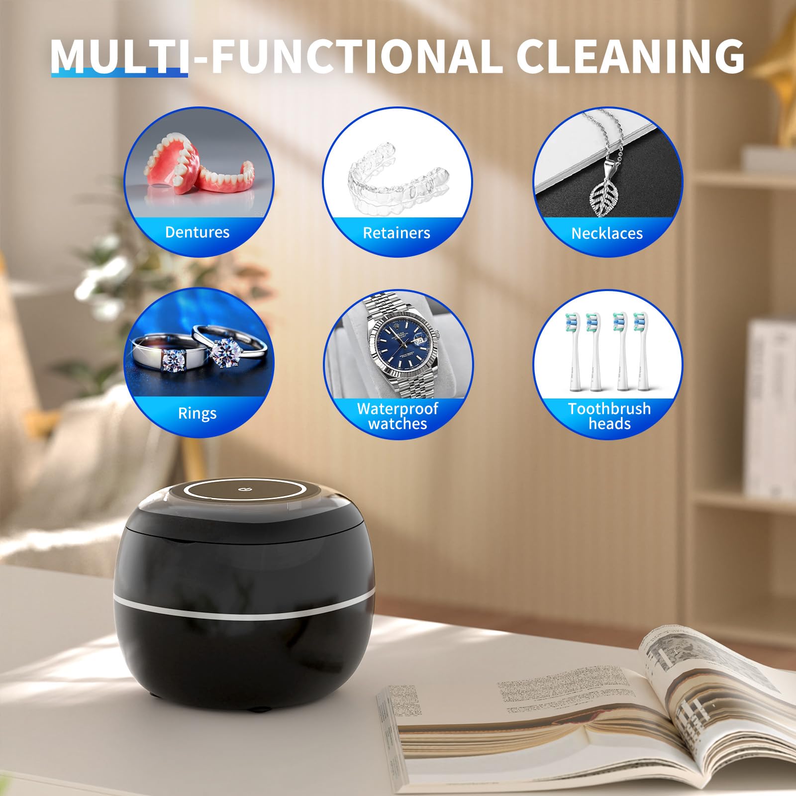 Ultrasonic Retainer Cleaner, 30W/42Khz Professional Retainer Cleaner Machine with Digital Timer, 180ML Portable Ultrasonic Jewelry Cleaner for Dentures, Aligner, Braces, Mouth Guard(Black)