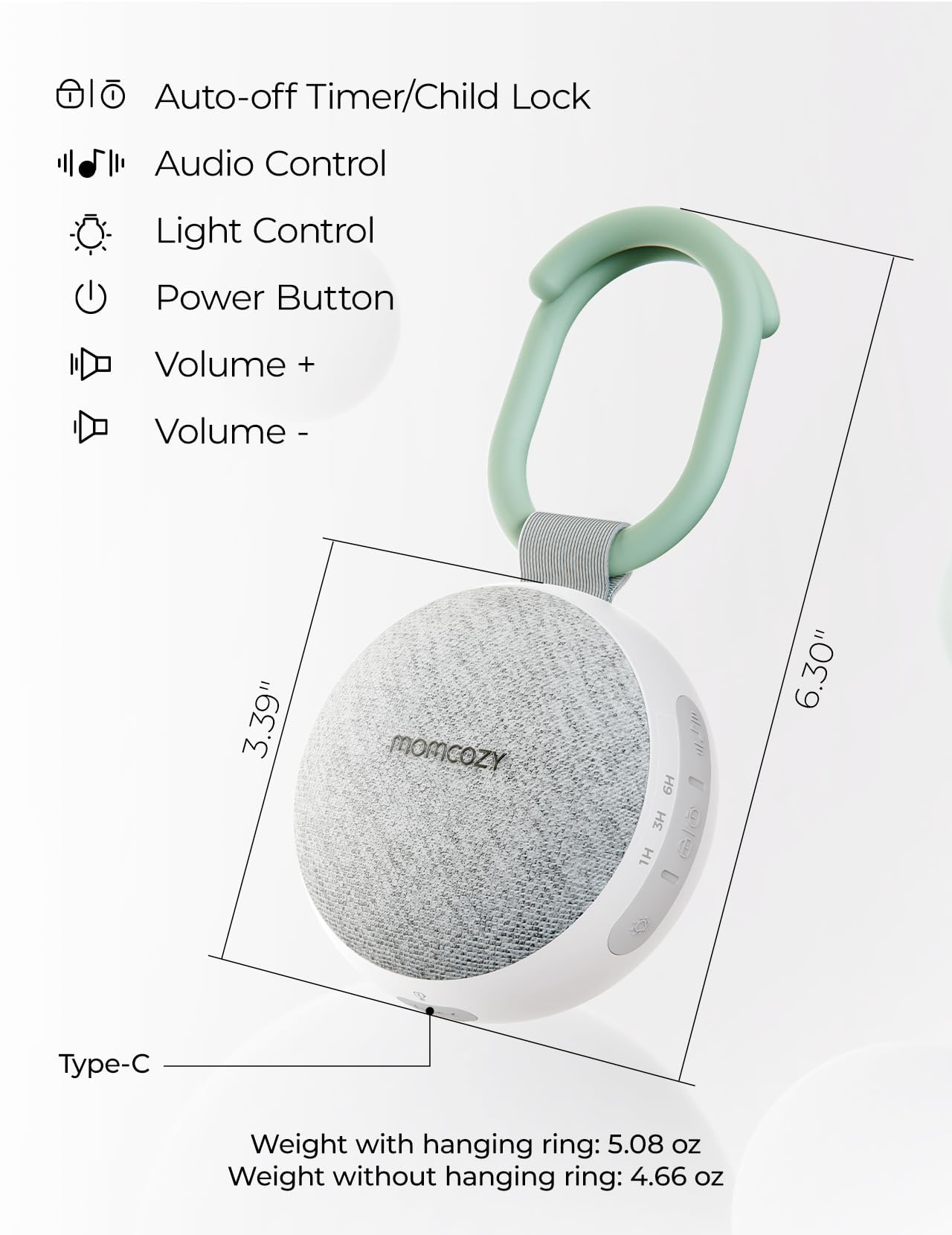 Momcozy Portable Sound Machine with Night Light, White Noise Sound Machine for Baby, 20 Soothing Sounds, Sound Therapy, Long-Lasting Power, Timer, Clips on Stroller, Baby Shower Gifts