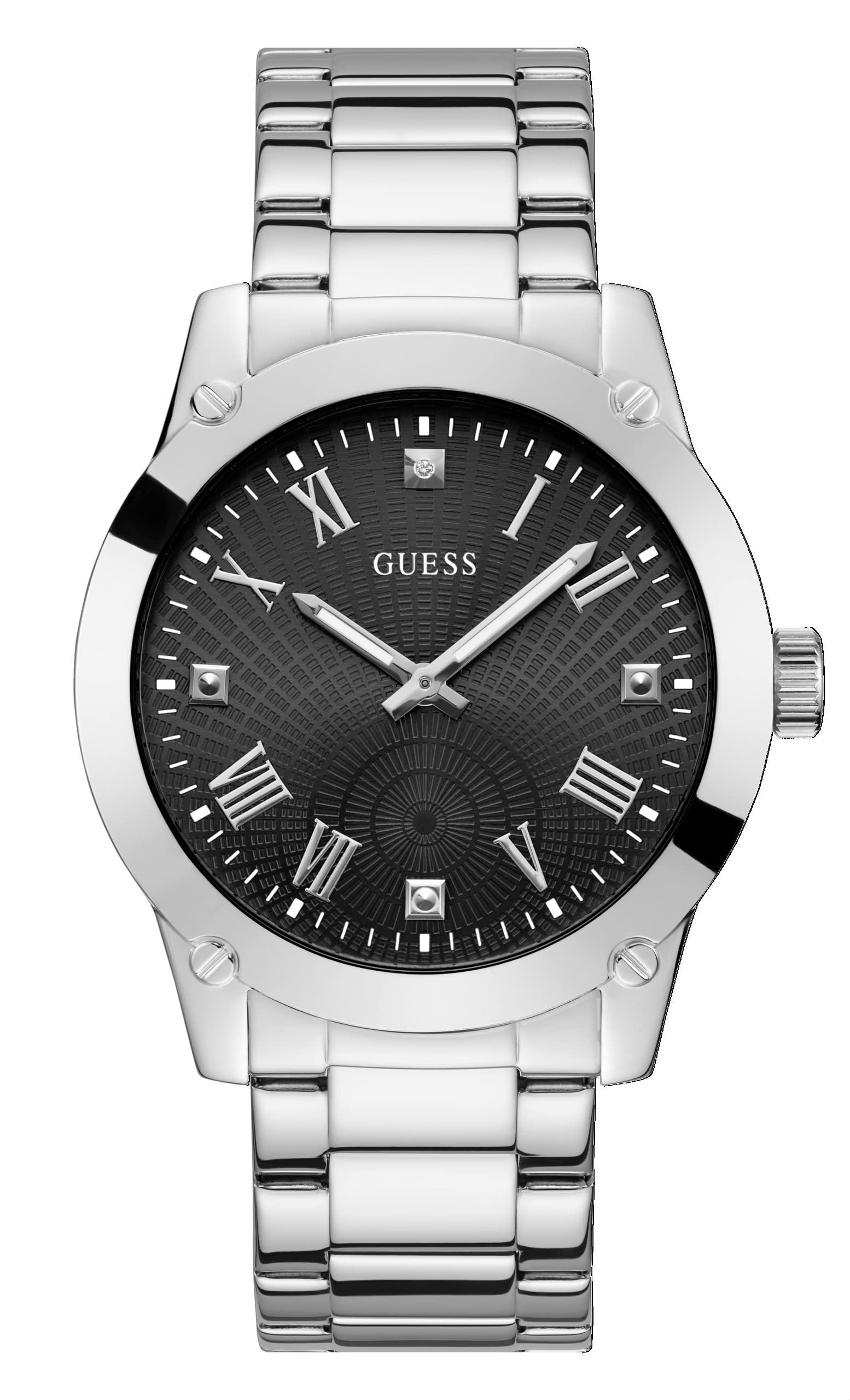 GUESS Men's 44mm Watch - Silver Tone Strap Black Dial Silver Tone Case