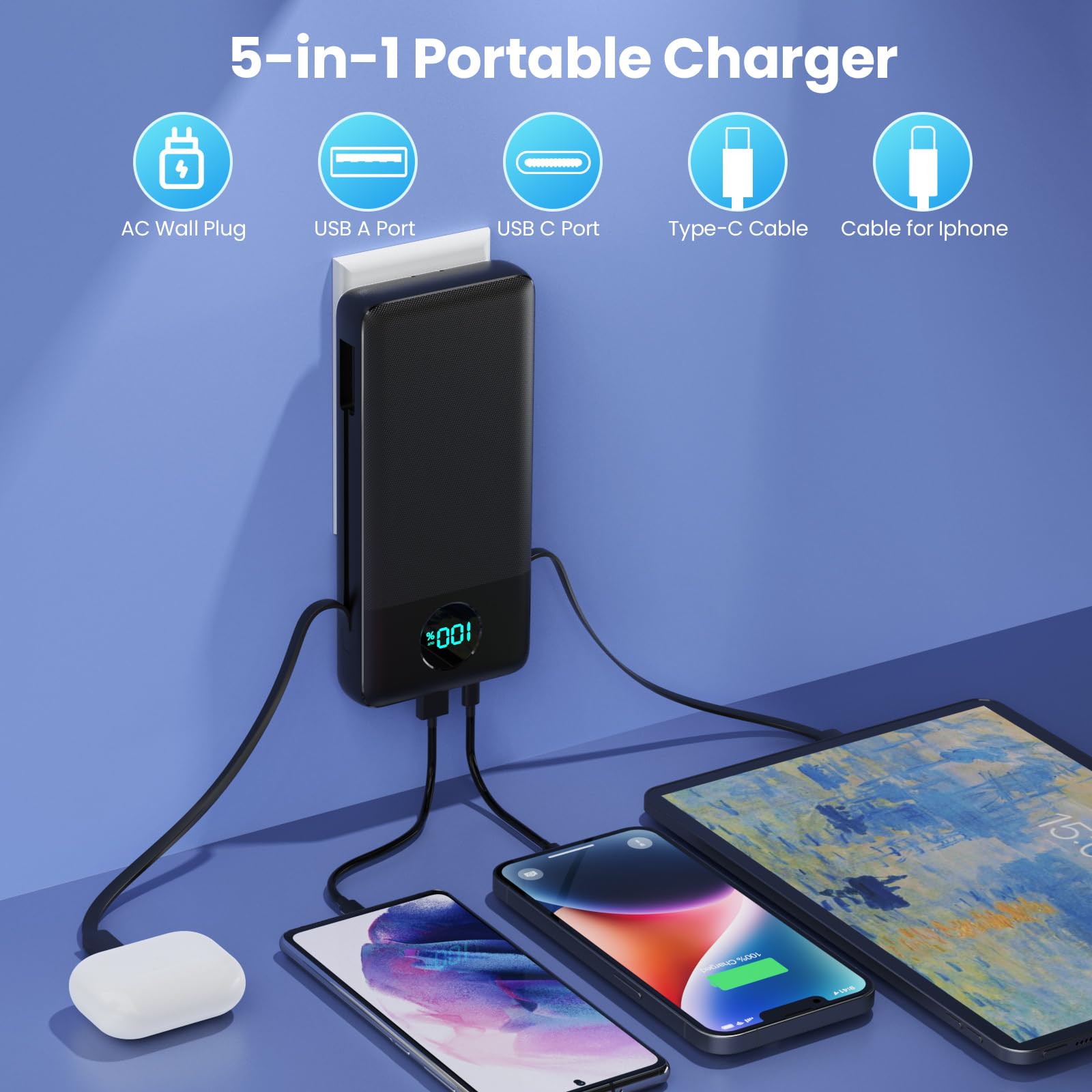 Portable Charger 33800mAh USB C Power Bank with Built-in Cables & AC Wall Plug,25W Fast Charging+QC 4.0 Phone Charger,4 Output LCD Display Battery Pack Compatible with iPhone15/14,Samsung,Android etc