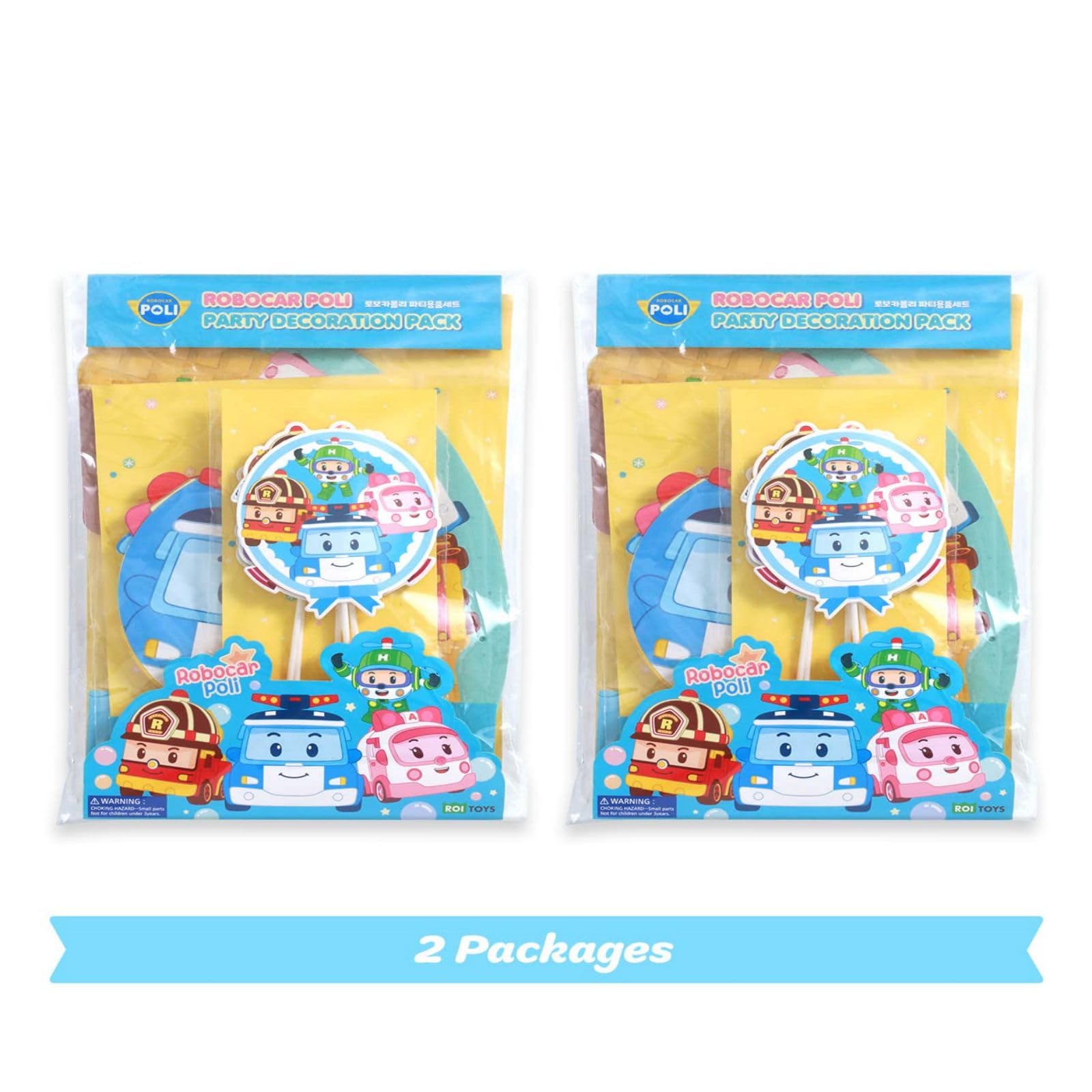 Robocar Poli, Birthday Party Supplies [2-PACK] Happy Birthday Banner Garland, Cake Cupcake Toppers, Cone Hats Set for Boy Girl Kids Party Decorations