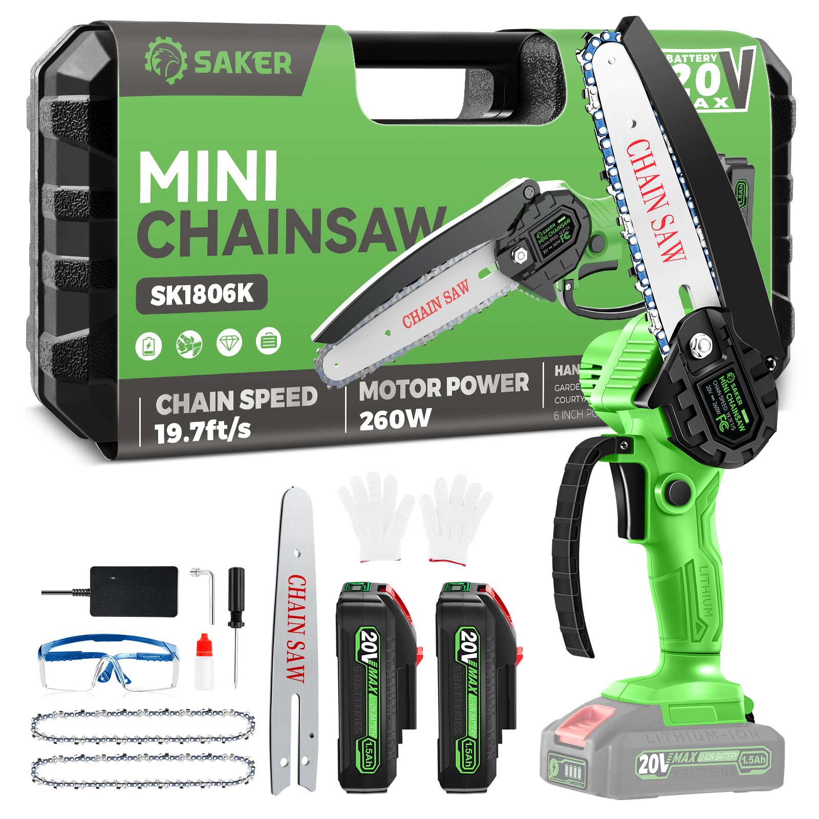 Saker Mini Chainsaw|6 Inch Chainsaw[2024 Upgraded]|Mini Cordless Electric Chain Saw|Small Handheld Portable Chainsaw Battery Powered Chain Saw for Tree Trimmer and Garden(2 Batteries+2 Bars+3 Chains)