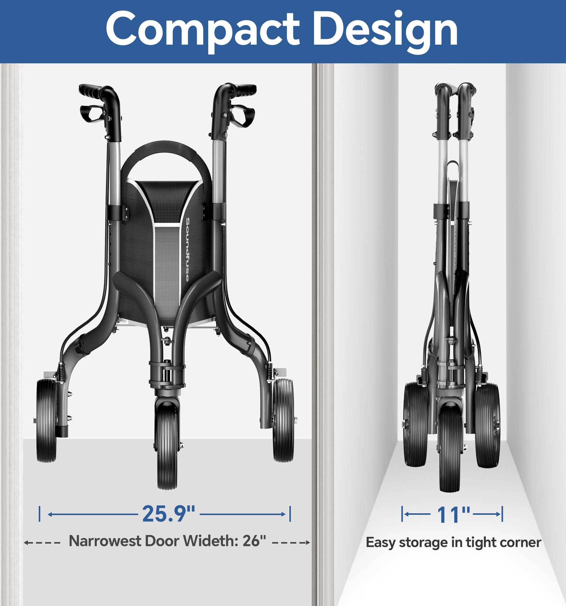 SOUNDFUSE 3 Wheel Walkers for Seniors, Lightweight Foldable Aluminum Rollator Walker, Height Adjustable Three Wheel Walker, Black