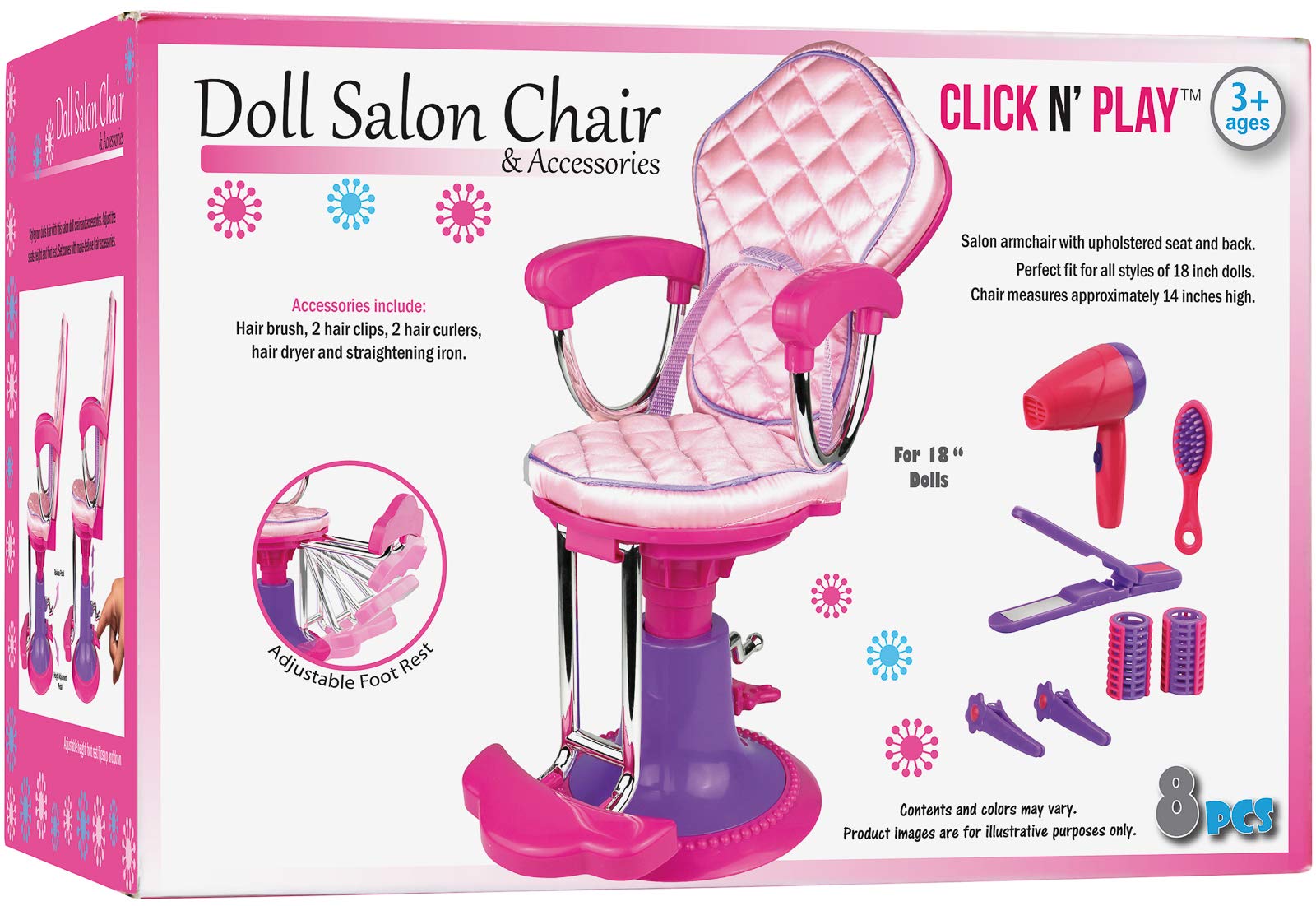Click N' Play Doll Salon Chair for Pretend Play - Hair Salon Toys for Girls, Pretend Salon Kit with Accessories: Hair Brush, Curlers, Clips - Chair for Dolls - Girl Gift for Ages 3 Up, Pink, Purple