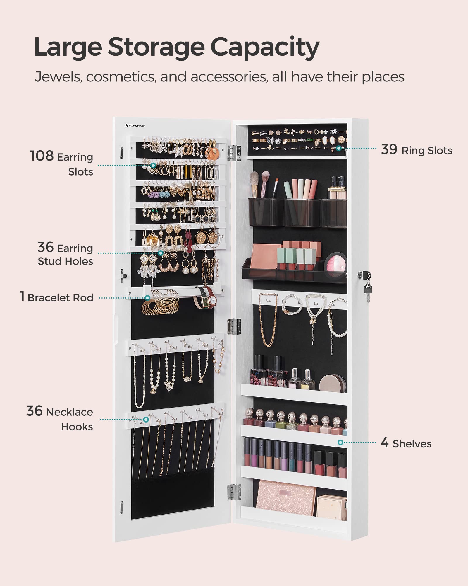 SONGMICS Jewelry Cabinet Armoire, Lockable Wall-Mounted Organizer Unit with 2 Plastic Cosmetic Storage Trays, Full-Length Frameless Mirror, White UJJC001W01