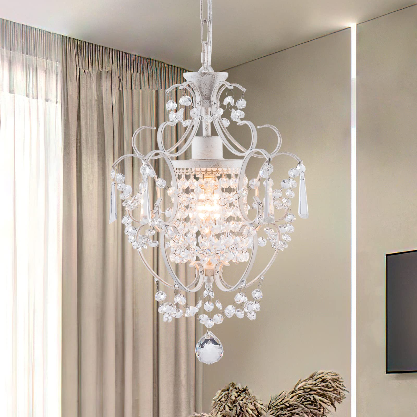 Modern Mini Chandelier,White Retro Crystal Light Fixtures Ceiling Mount 1 Light Small Crystal Chandeliers for Bedroom Elegant Crystal Hanging Lighting for Girls Room Dining Room Closet Kitchen Island