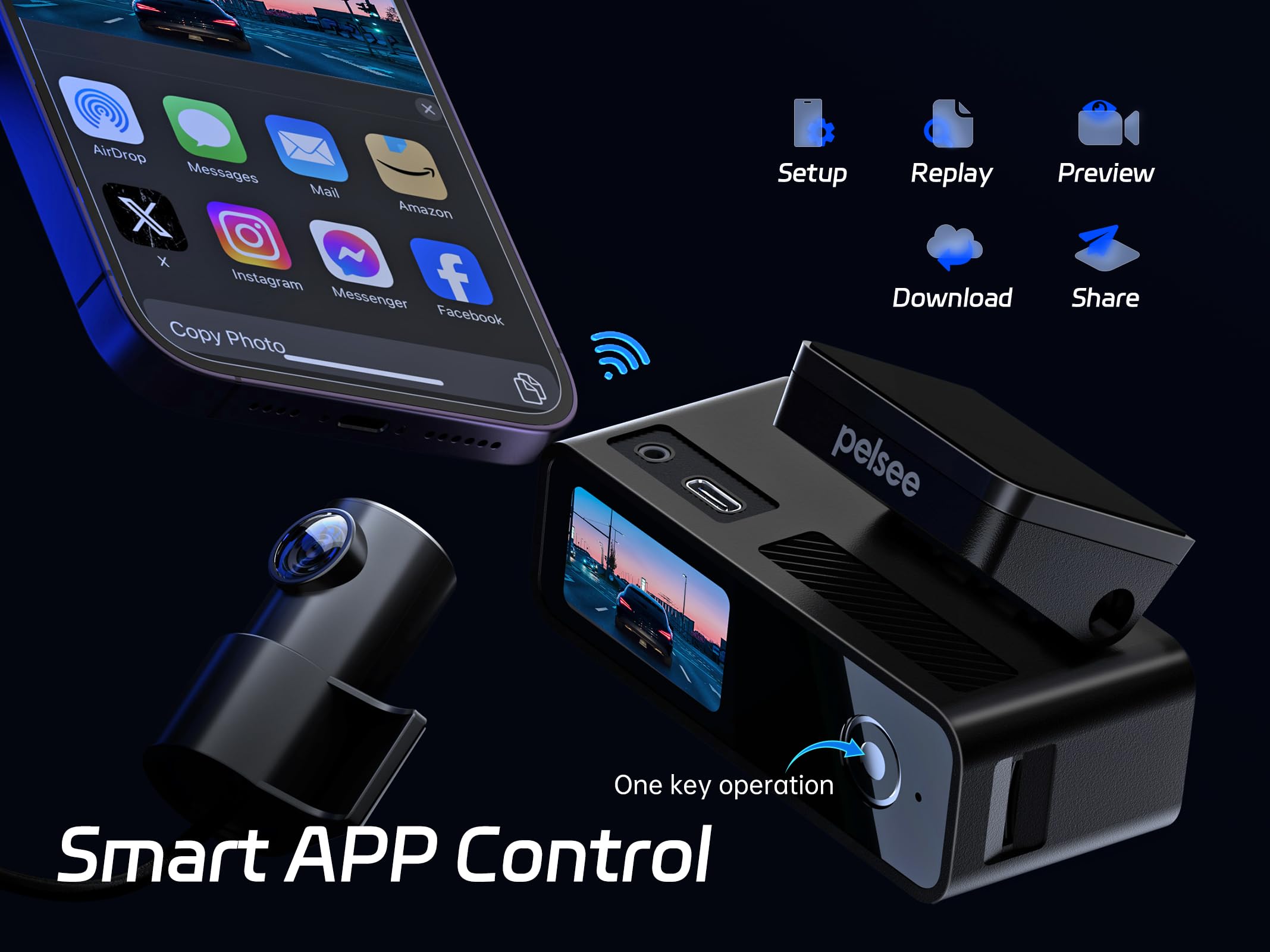 4K Dash Cam Front and Rear, 64GB SD Card, Pelsee 4K+1080P Dual Dash Camera for Cars, Wi-Fi & App Control, 1.5’’IPS Display Car Camera, Voice Control, Night Vision, 24H Parking Mode, G-Sensor