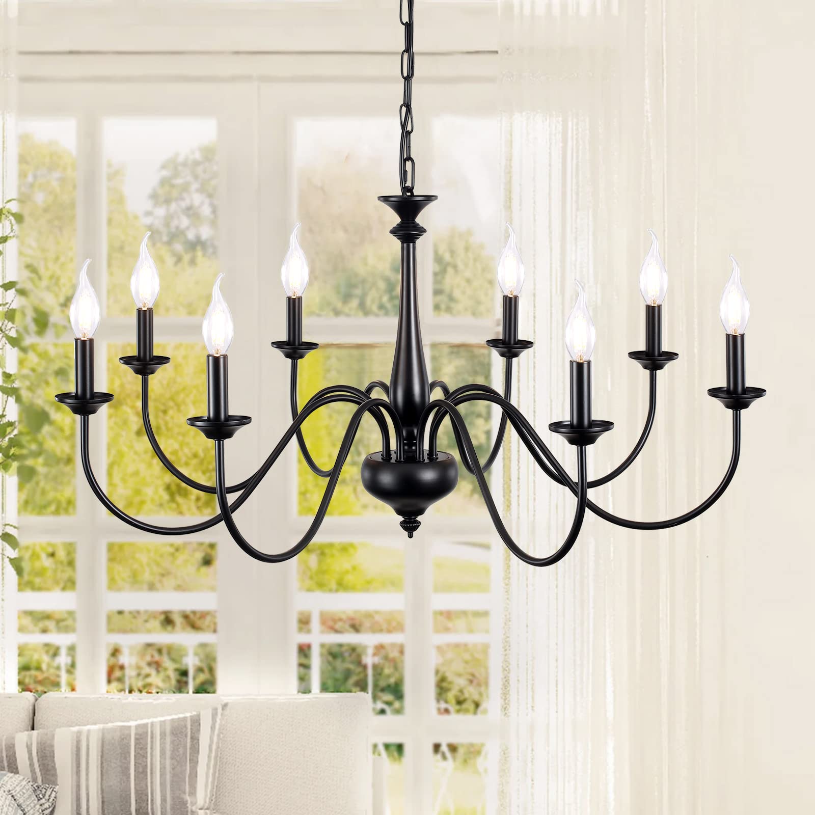 QAREHL Black Chandelier Farmhouse 8 Light Chandeliers for Dining Room Rustic Hanging Light Fixtures for Kitchen Island Living Room Bedroom Entryway Hallway Stairway Foyer