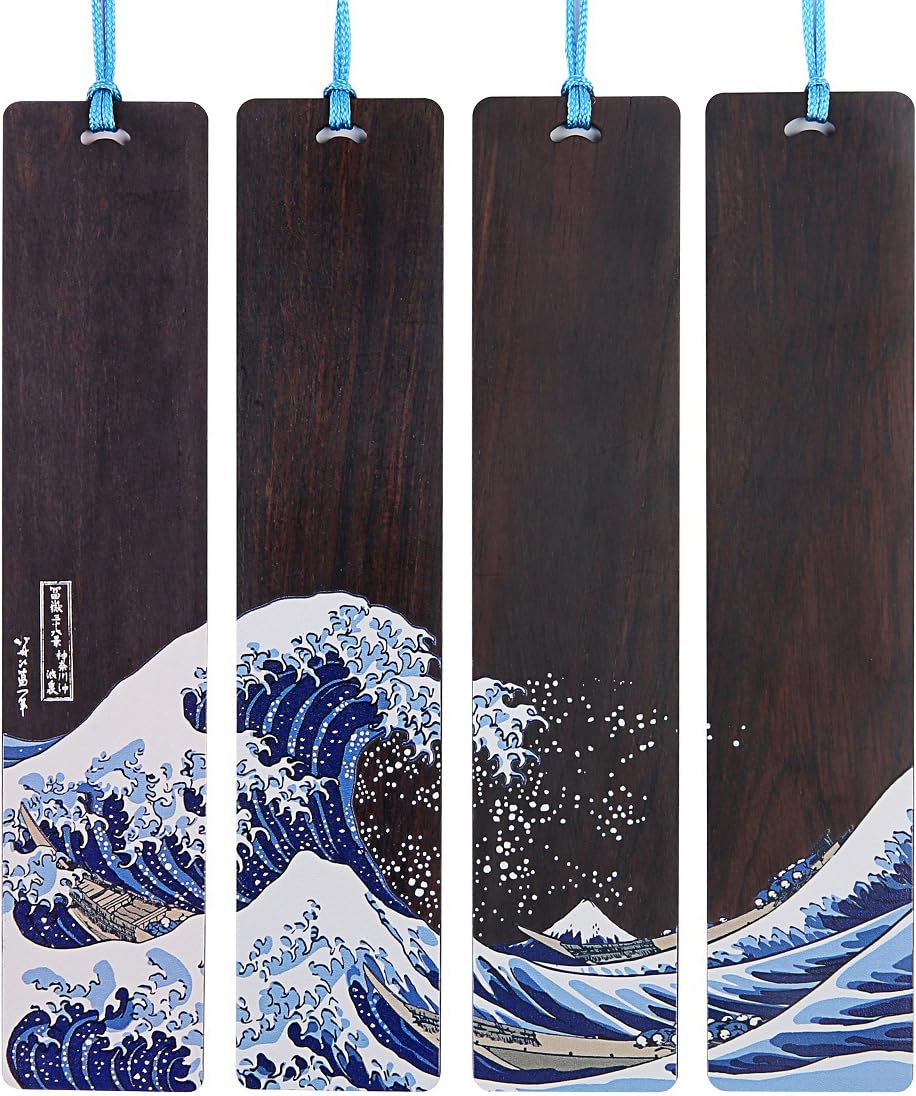 Donxote 4-Piece Bookmark, Japanese Ukiyo-e Bookmarks for Book Lovers, Hand Made Wood Art Book Mark Gift Box Set with Tassel, is A Unique Gift for Men, Women and Kids - The Great Wave Off Kanagawa