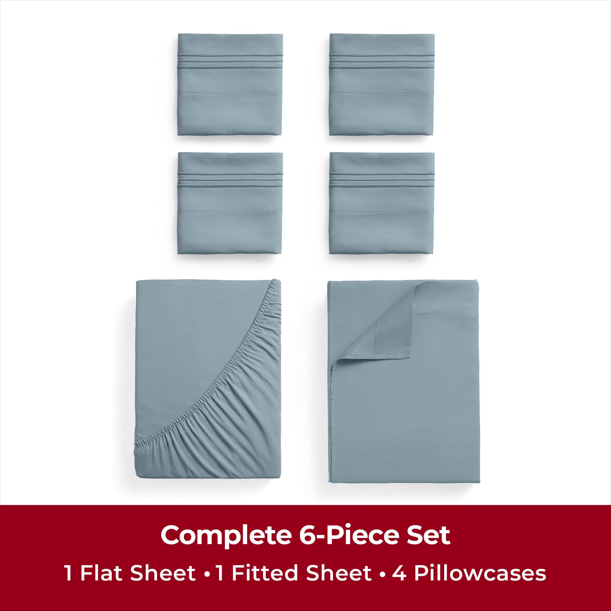 Mellanni Bedspread Coverlet Set + 6PC Sheets Set Bundle&Save - Iconic Collection Bedding - Bundle Includes: 3 Piece Oversized Quilt Set and 6 Piece Bed Sheet Set (King, Gray/Spa Blue)