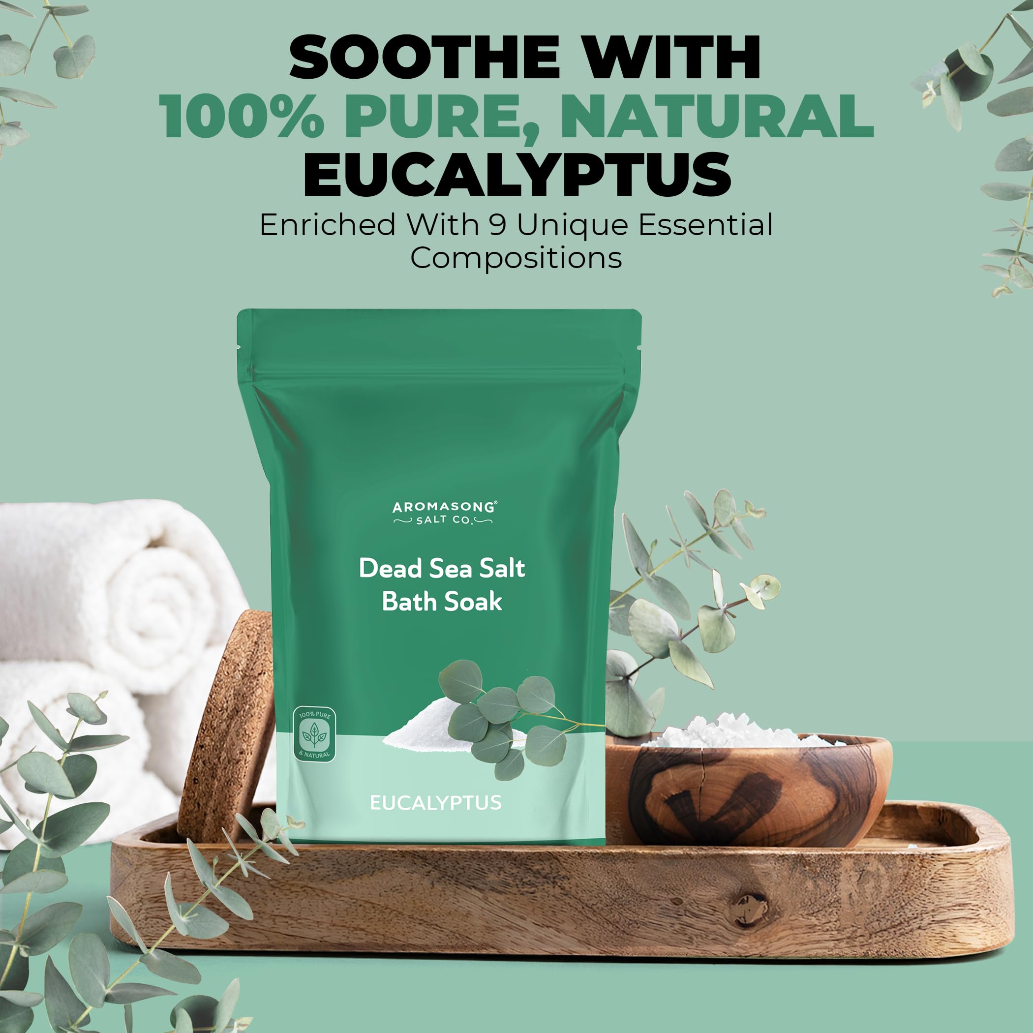 Aromasong Dead Sea Salt - Fine Grain Spa Bath Salt Eucalyptus Scent 14 Oz – 100% Pure & Natural - Soak for Women & Men for Skin Issues and to Relax Tired Muscles