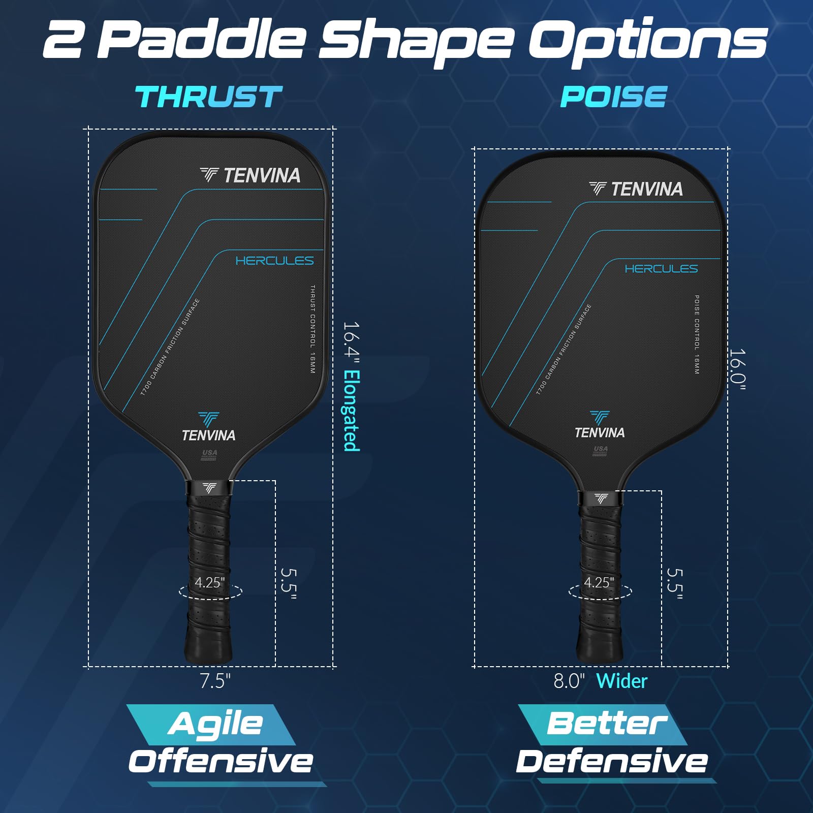 TENVINA Pickleball Paddles, Multi-Layer T700SC Friction Carbon Fiber Pickleball Paddle, 4-Types of Shapes and Thicknesses, Strong Power and Spin Surface of USAPA Approved Pickle Ball Paddle