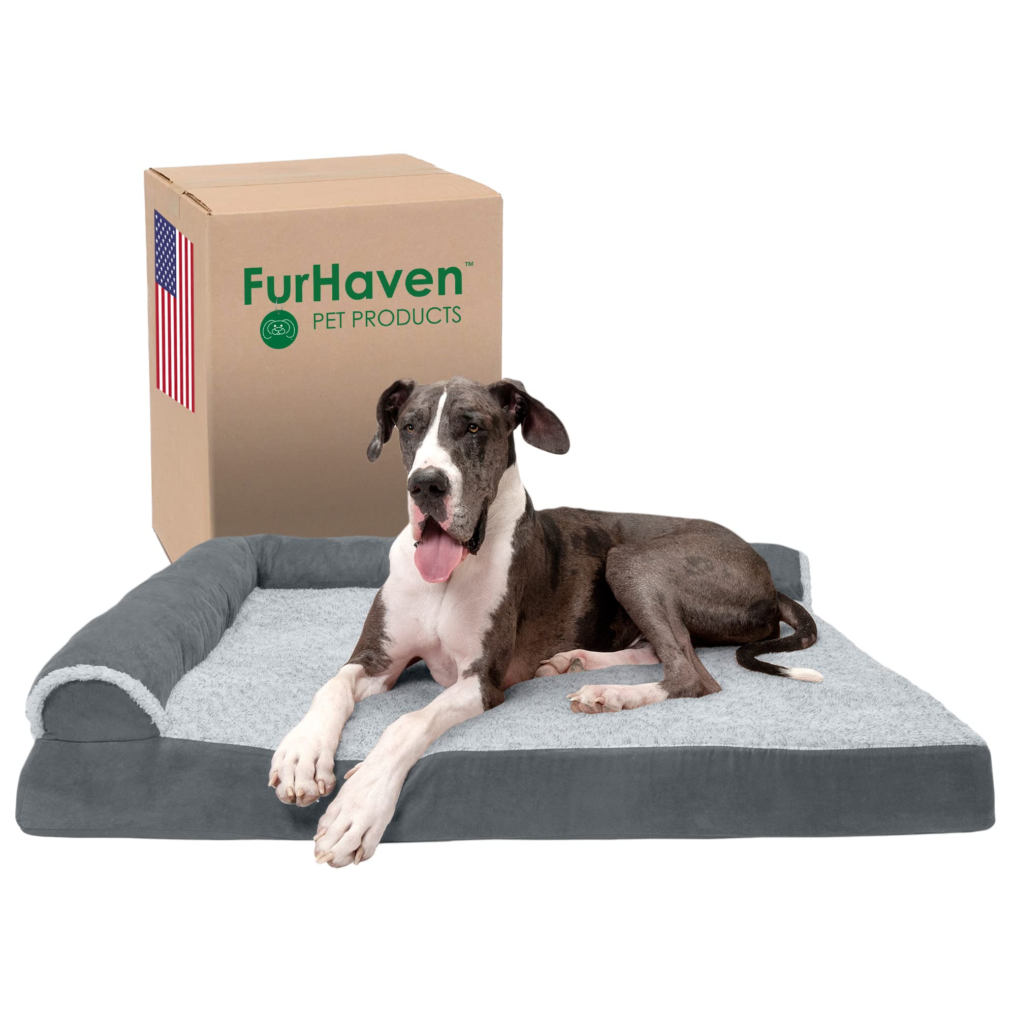 Furhaven Orthopedic Dog Bed for Large Dogs w/ Removable Bolsters & Washable Cover, For Dogs Up to 125 lbs - Two-Tone Plush Faux Fur & Suede L Shaped Chaise - Stone Gray, Jumbo Plus/XXL