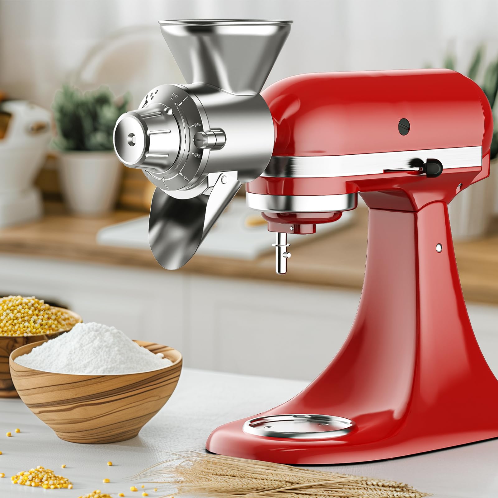 Gvode All Metal Grain Mill Attachment for Kitchenaid Stand Mixer, 9 Levels Grain Mill, Flour Mill, Fit for Non-Oily Dry Grain Corn, Coffee Bean, Buckwheat, Oats, Millet, Wheat and Other Cereals