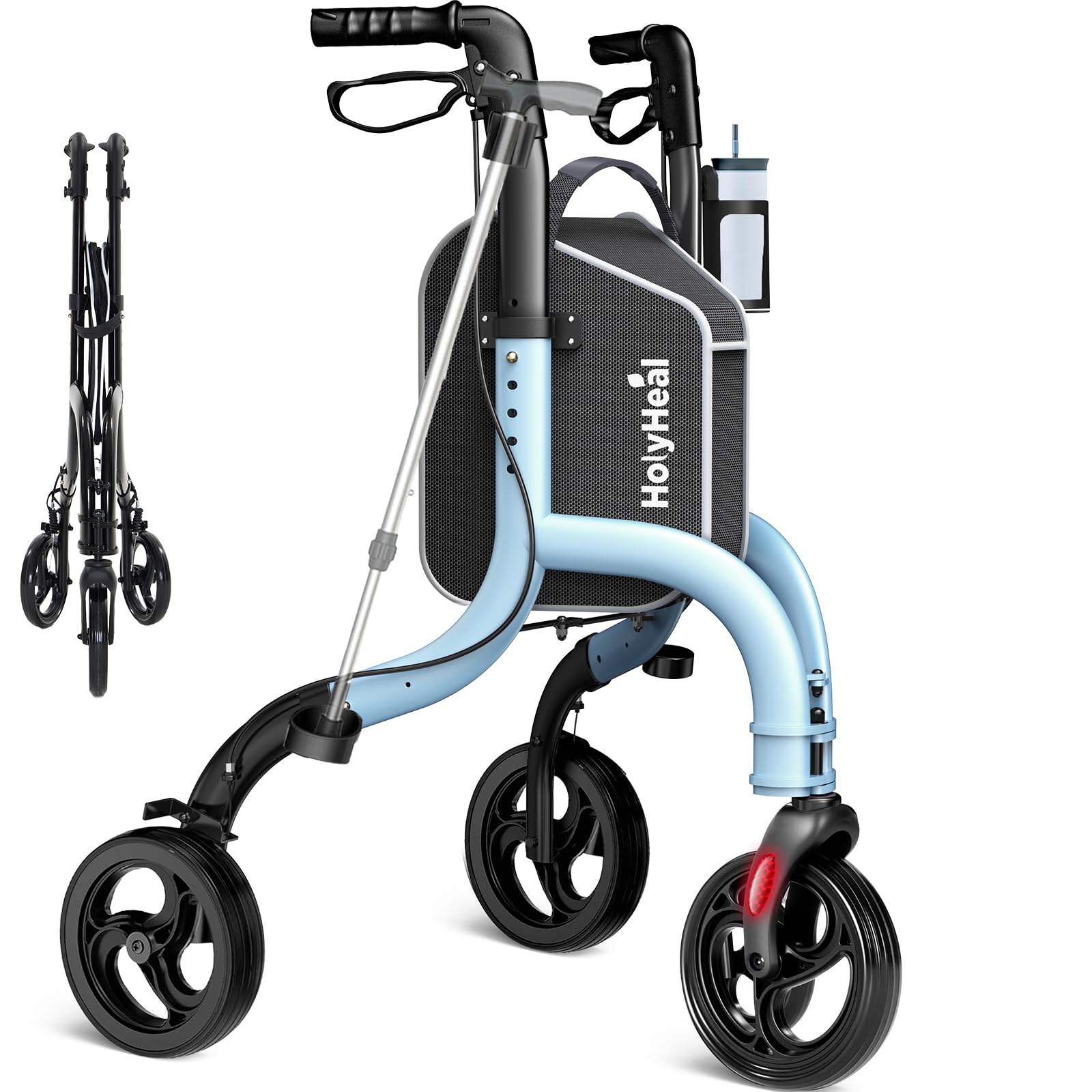 HolyHeal 3 Wheel Walkers for Seniors, Lightweight Rollator Walkers Foldable for Elderly with Cane Hold and Cup Hold, Height Adjustable Aluminum Three Wheel Rolling Walker Mobility Aid, Blue