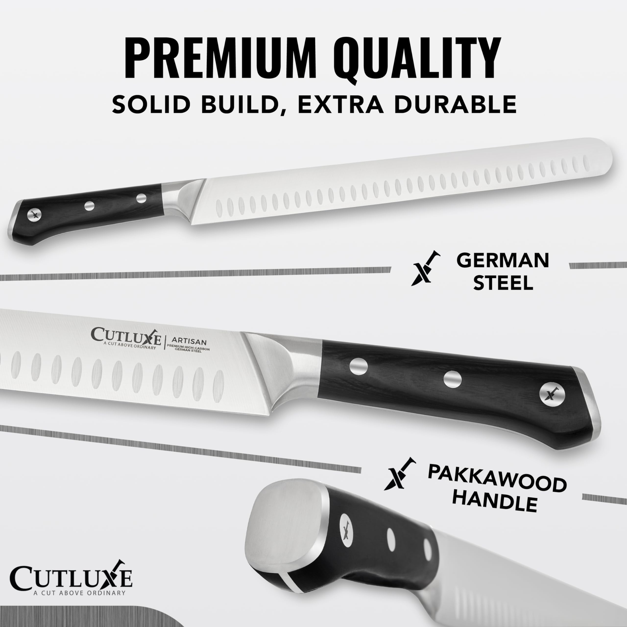 Cutluxe Slicing Carving Knife – 12" Brisket Knife, Meat Cutting and BBQ Knife – Razor Sharp German Steel, Sheath Included, Full Tang, Ergonomic Handle Design, Grilling Gifts for Men – Artisan Series