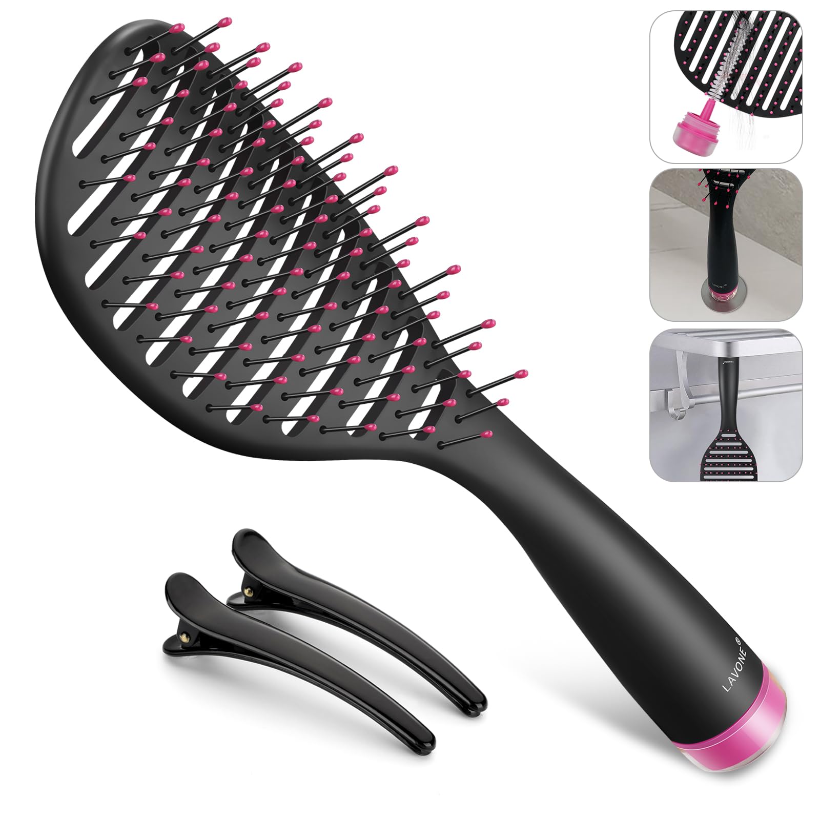 Hair Brush, Curved Vented Hairbrush Faster Blow Drying, Detangler Brush with a Built in Brush Cleaner, Hair Clips and Magnetic Holder, for women Men & Kids, Detangling Brush for All Hairs