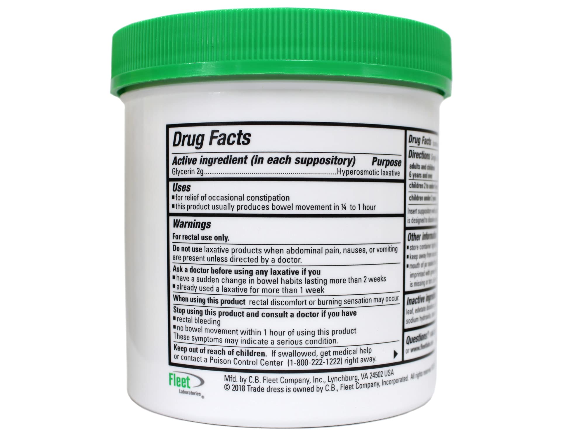 Fleet - Glycerin Suppositories, Laxative, Adult Jar, 100 Each (2-Pack)