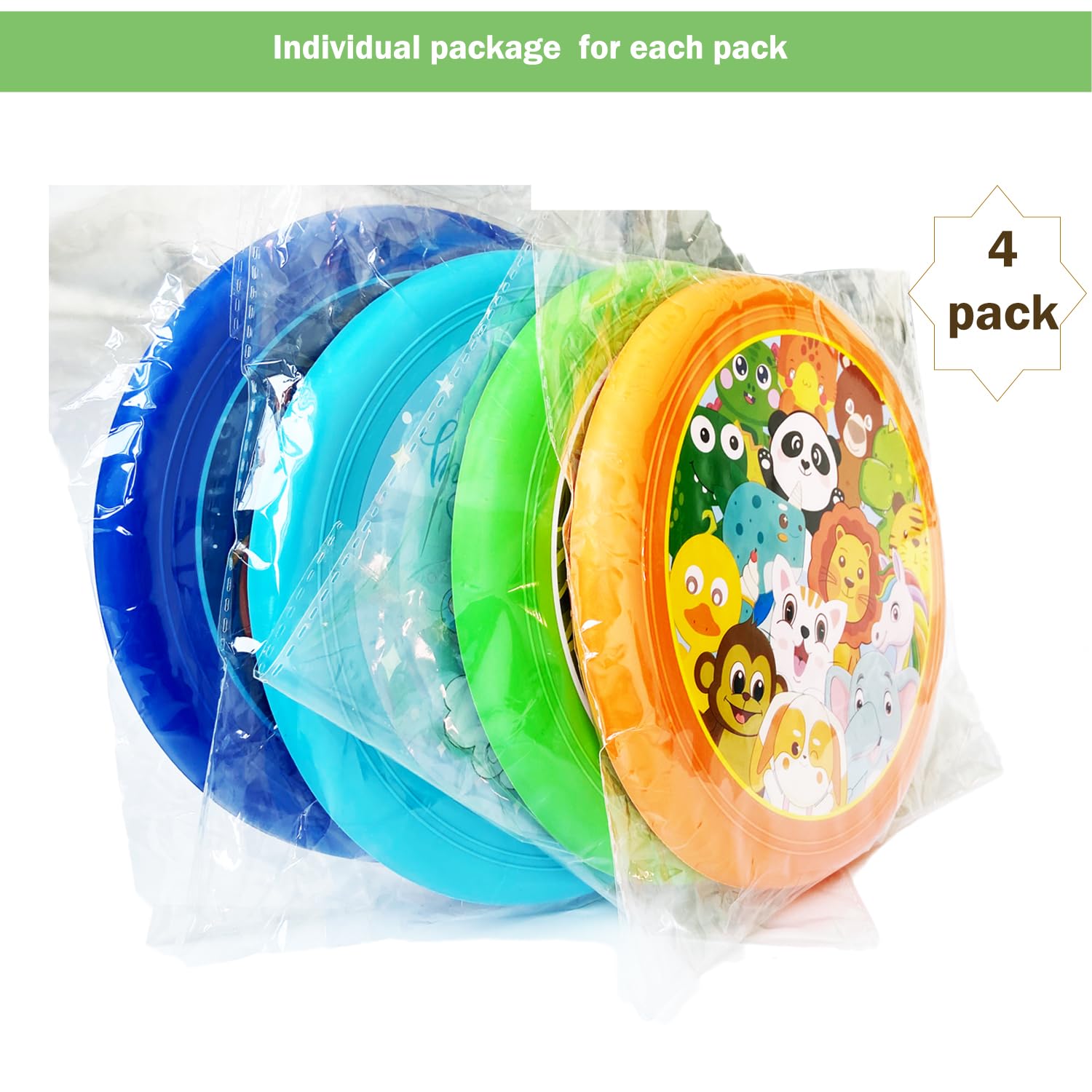 SUHEEUS Cartoon Flying Discs Set for Kids Soft Platic Outdoor Family Game Beach Toys, 4 Pack, 20cm, 60g Each, Vivid Colors(Unicorn Horse,Dinasour,Zoo Animals, Astronauts)