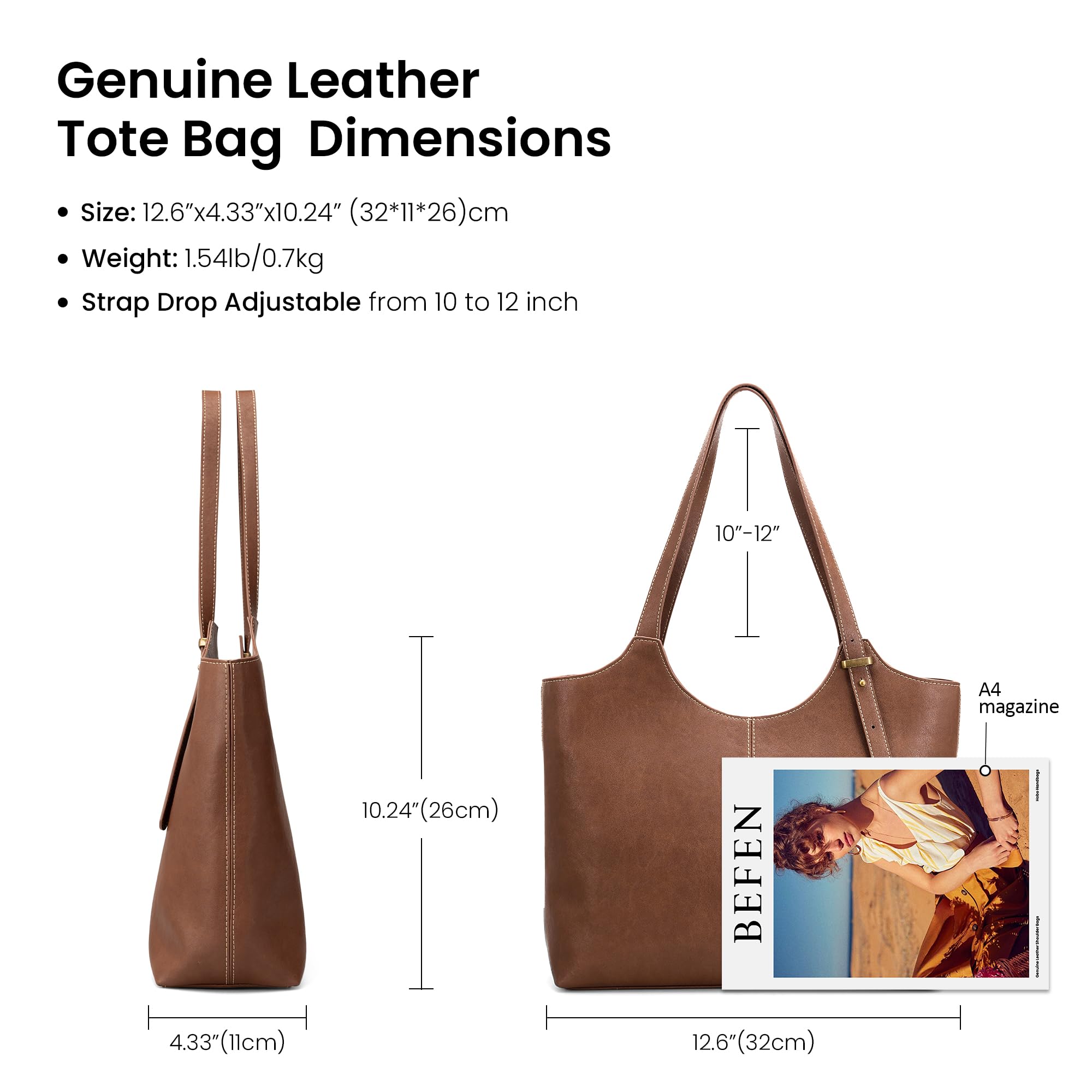 befen Genuine Leather Tote Bags for Women Work, Real Brown Leather Shoulder Handbags Zippered Satchel Purses with Adjustable Strap for Casual Shopping Travel Taupe, Brown