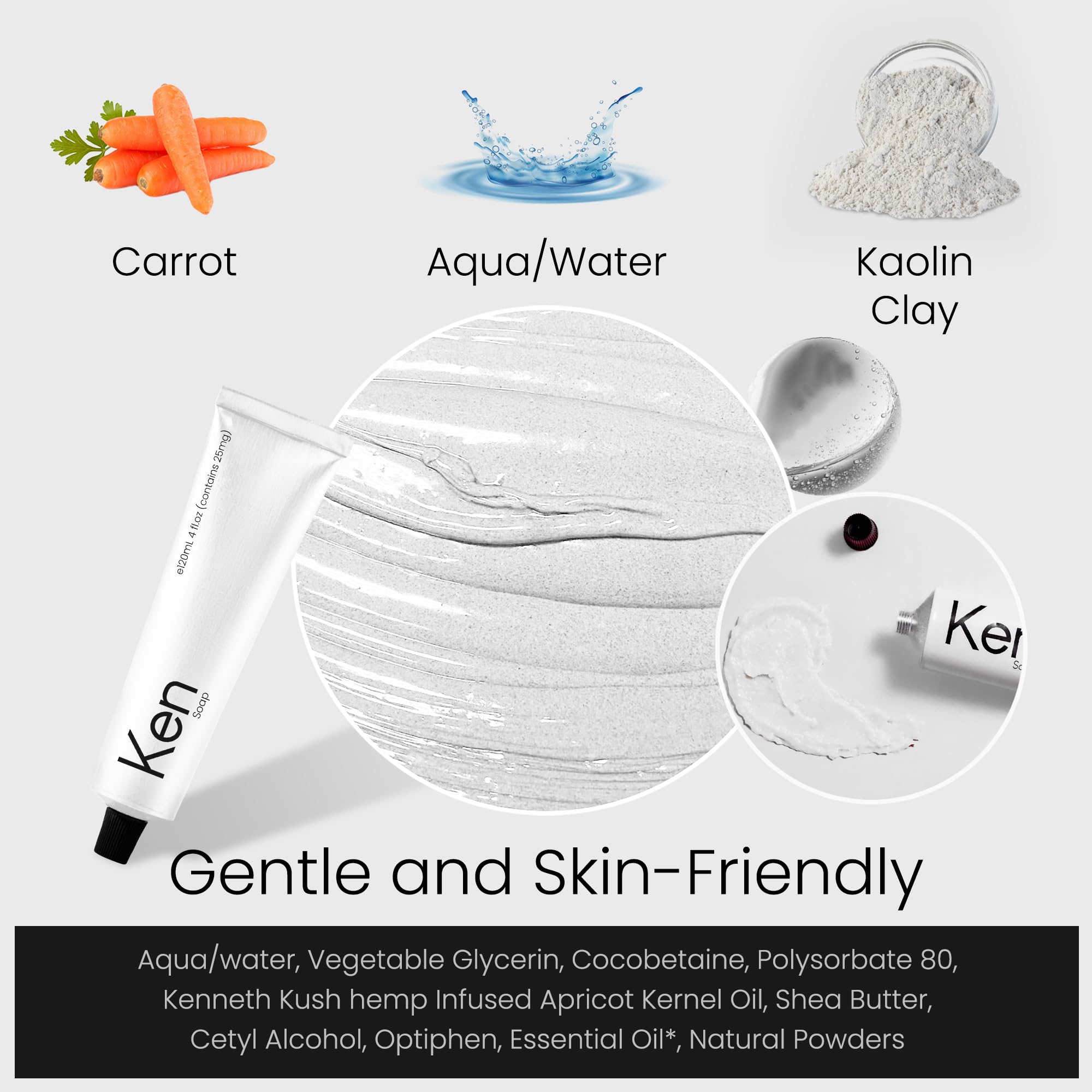 Ken Face and Body Wash Soap - 100% Vegan 120 ml (4 oz) - Facial Cleanser Soap & Gentle Face Cleanser for Daily Skin Care SOAP (Carrot & Kaolin)