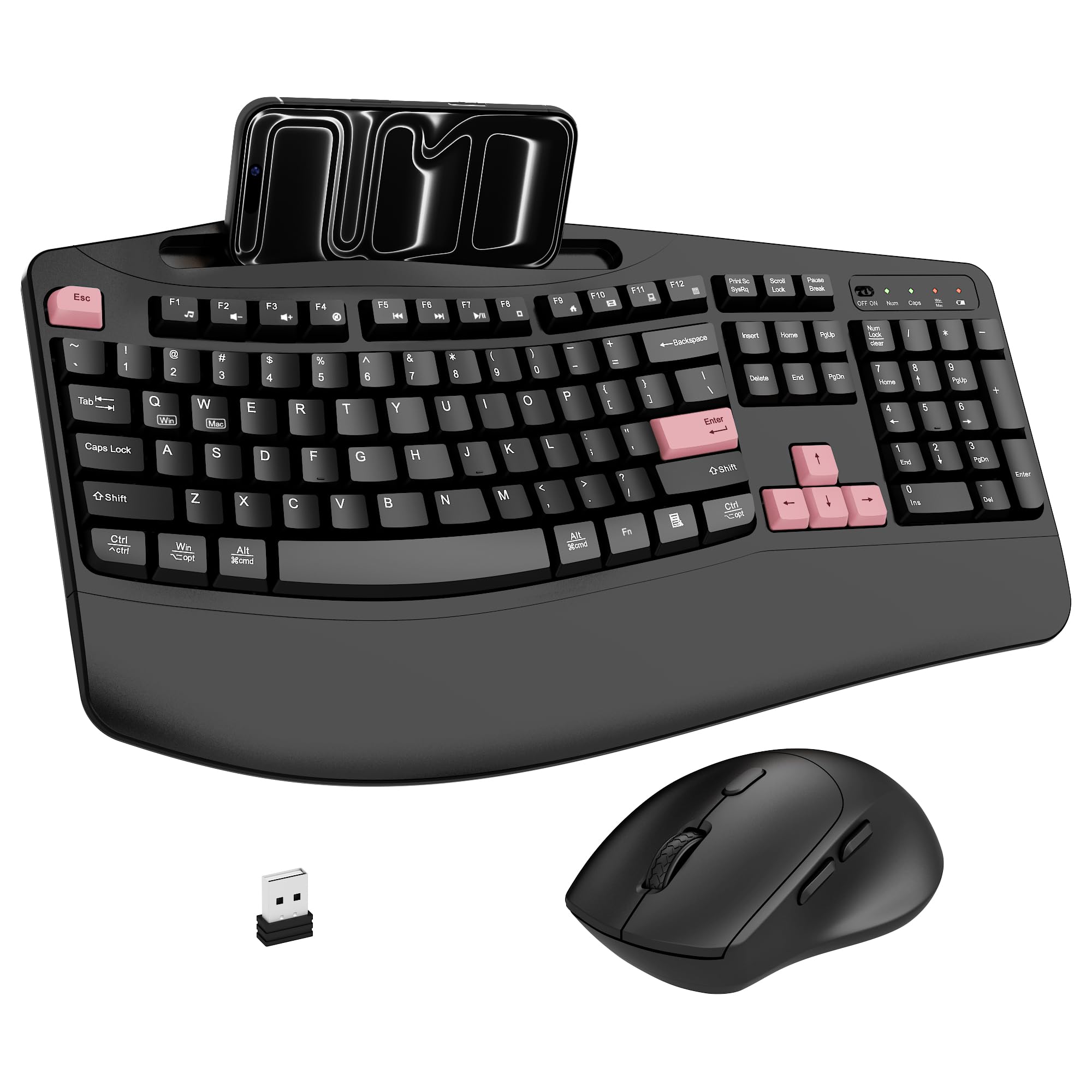 Wireless Keyboard and Mouse Combo, 2.4G Full Size Wave Keys Ergonomic Keyboard with Wrist Rest, Phone Holder, 3-Level DPI Wireless Silent Mouse with 6-Buttons, for Windows (Pink)