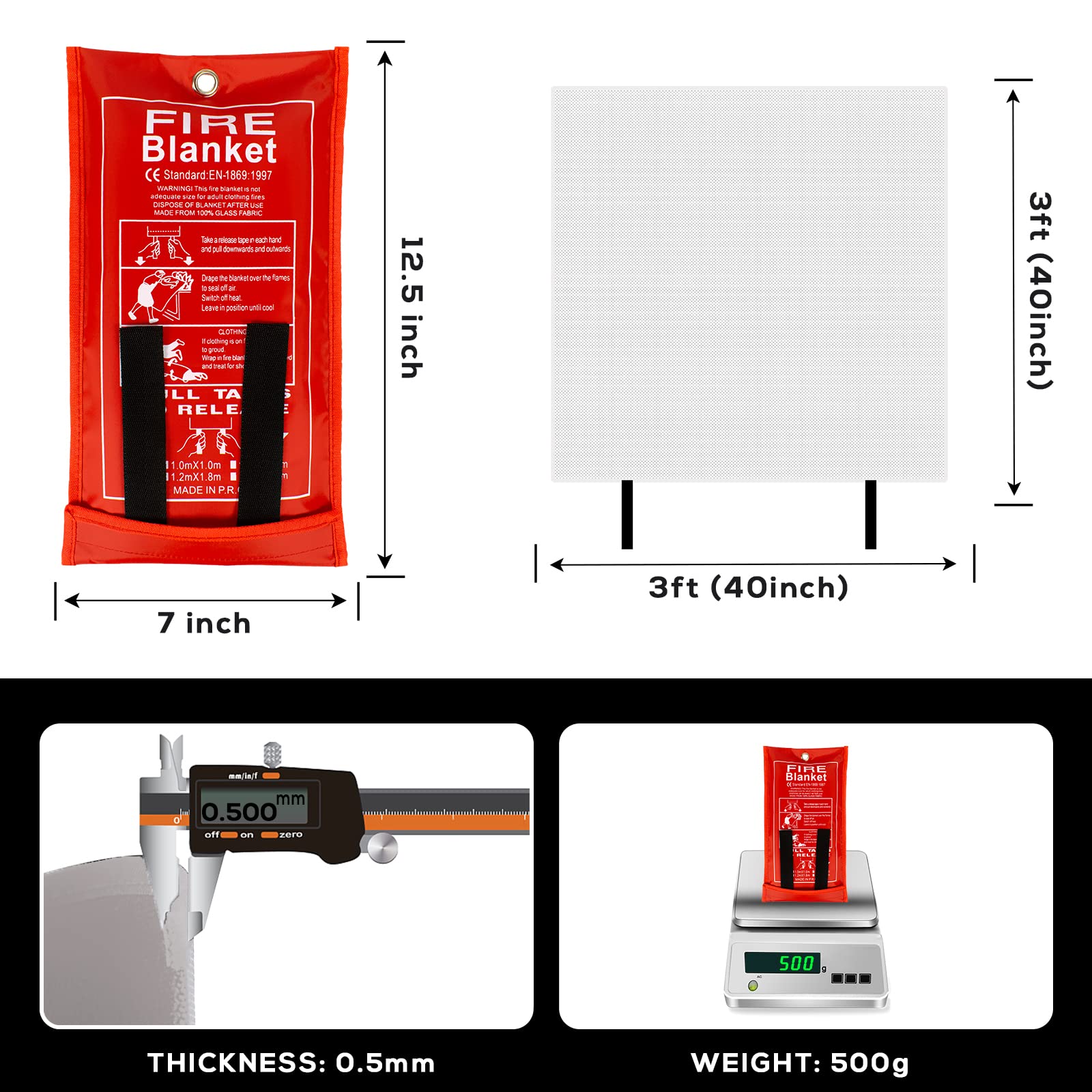 FLASLD Emergency Fire Blanket for Home, 40x40 Inch Fiberglass Fire Blankets Emergency for People, Fire Suppression Blanket for Kitchen, Fire Extinguisher for Home