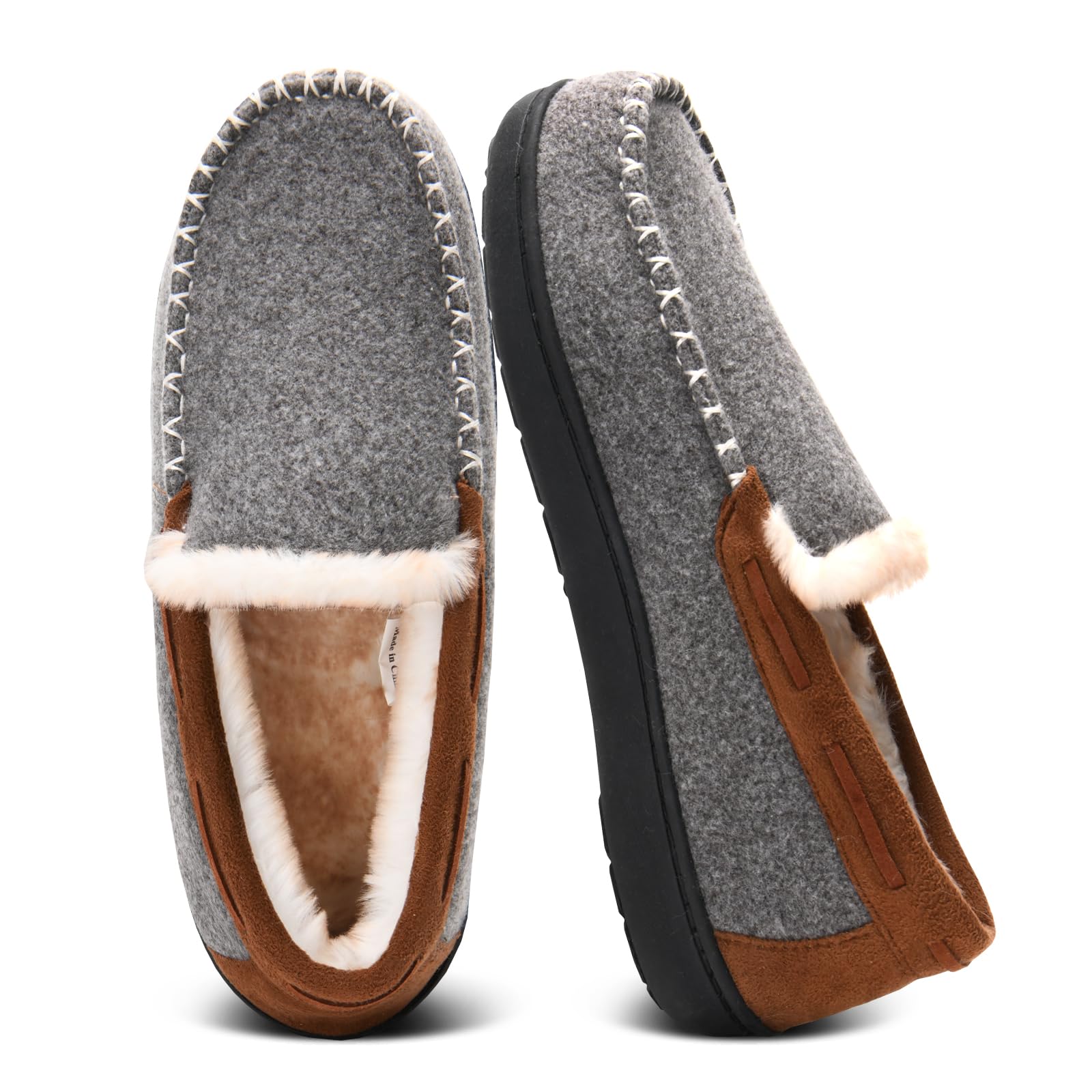 Honalika Men's Fuzzy Moccasin House Slippers Memory Foam, Cozy Mens Fluffy Warm Indoor Slippers Closed Back for Winter, Non-Slip Soft Comfy Bedroom Slippers for Men