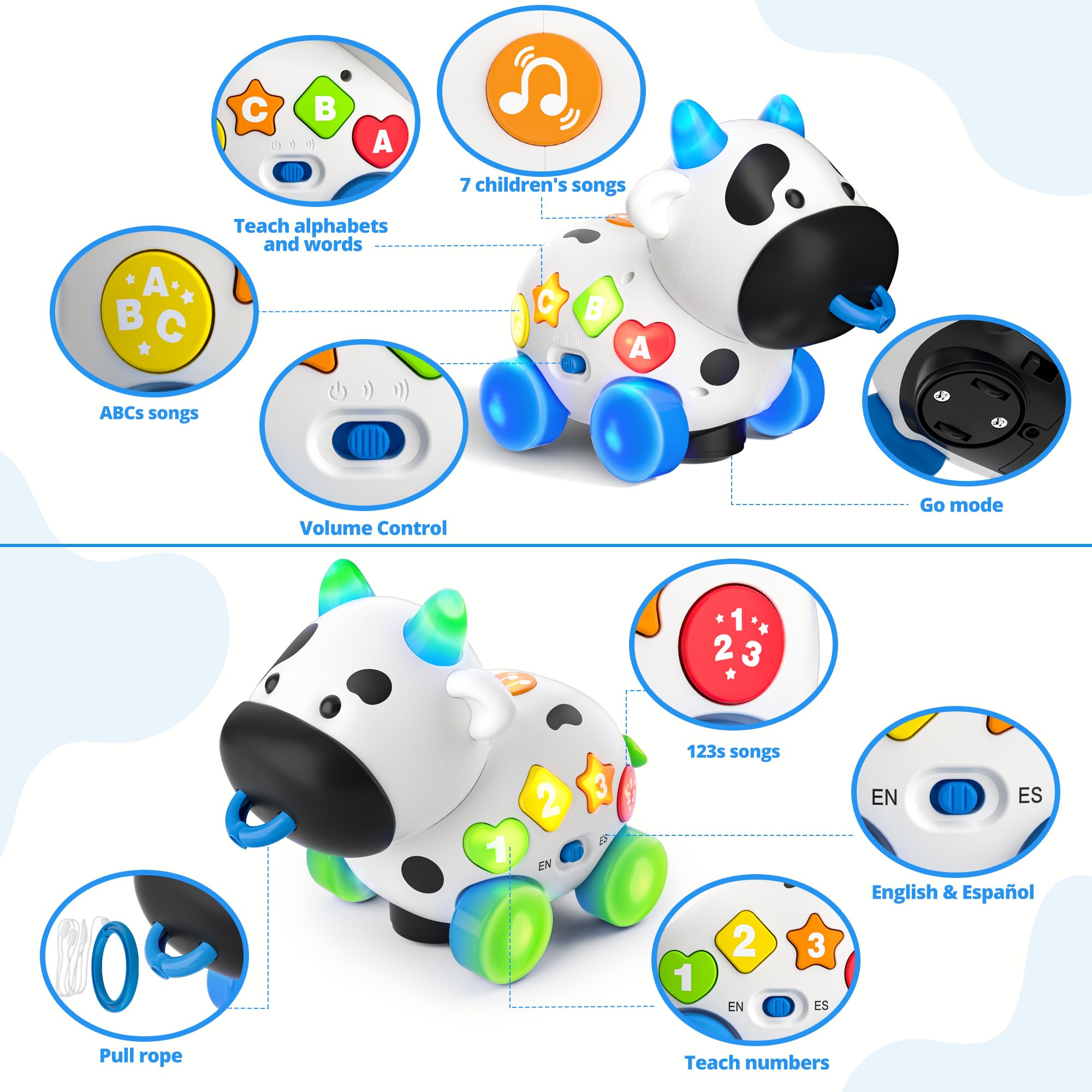 Toddler Toys for 1+ Year Old Boy Girl Gifts, Blingual Musical Cow Baby Toy 6-12-18 Months, Educational Learning Toys for Toddlers 1-3, 1st Birthday