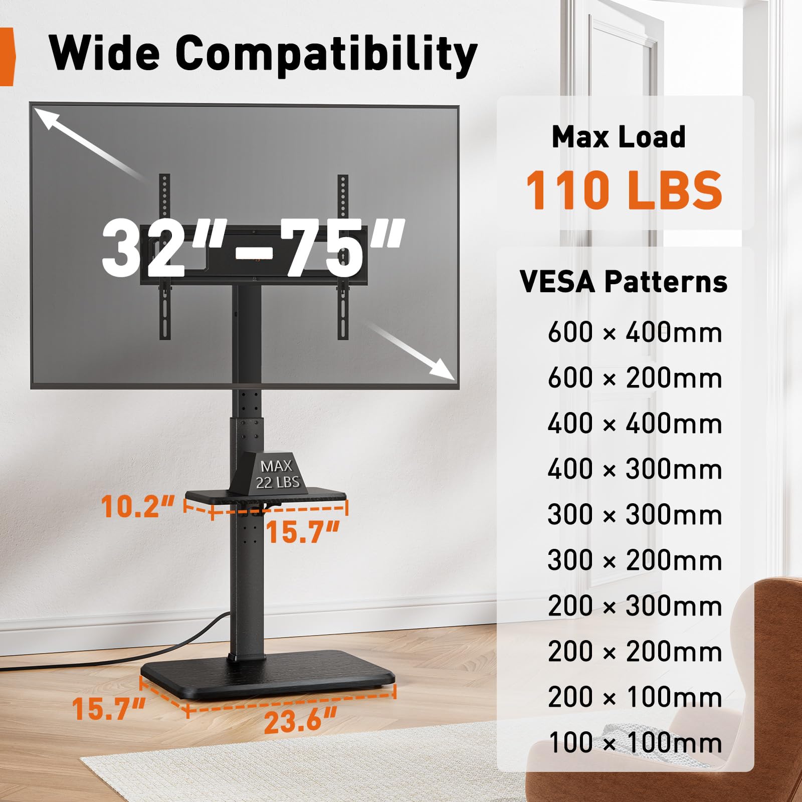 Perlegear Floor TV Stand with Power Outlet, Universal TV Stand for 32-75 inch TVs up to 110 lbs, Height Adjustable TV Stand with Swivel, Floor TV Mount Stand with Wood Base, Max VESA 600x400mm, PGFS06