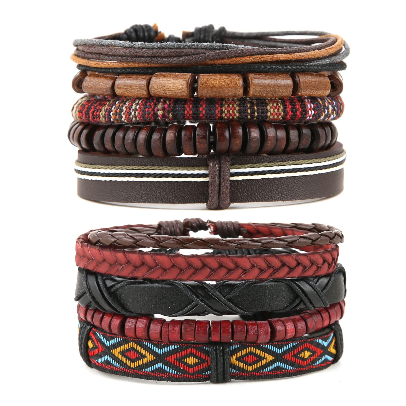 HZMAN 2Pcs Handmade Braided Leather Bracelet for Men Women Bohemian Ethnic Tribal Multilayer Hemp Rope Wristbands Wrap Cuff Bracelet Jewelry Gift