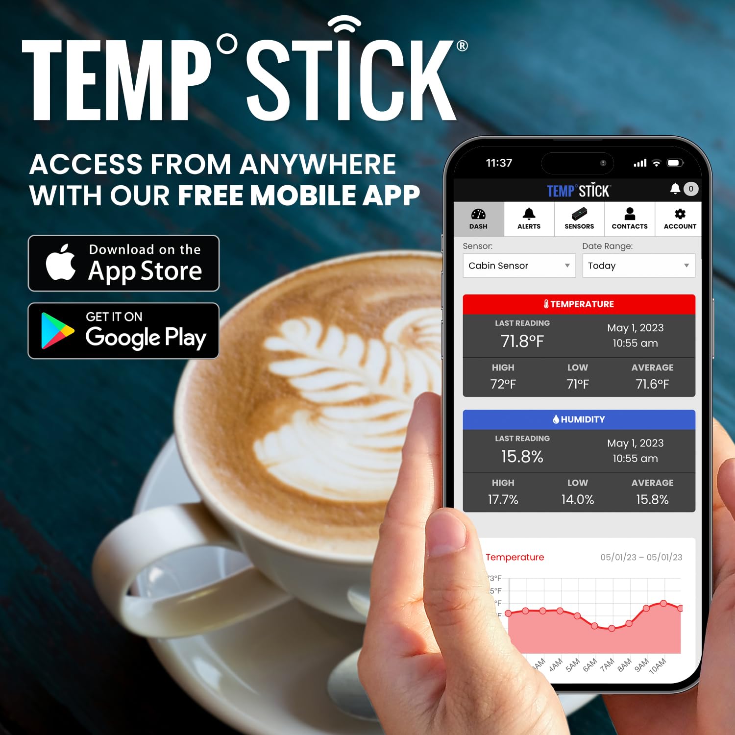 Temp Stick Remote WiFi Temperature & Humidity Sensor, Data Logger. No Subscription. 24/7 Monitor, Unlimited Text, App & Email Alerts. Made in America. Use with Alexa, IFTTT. Monitor Anywhere, Anytime