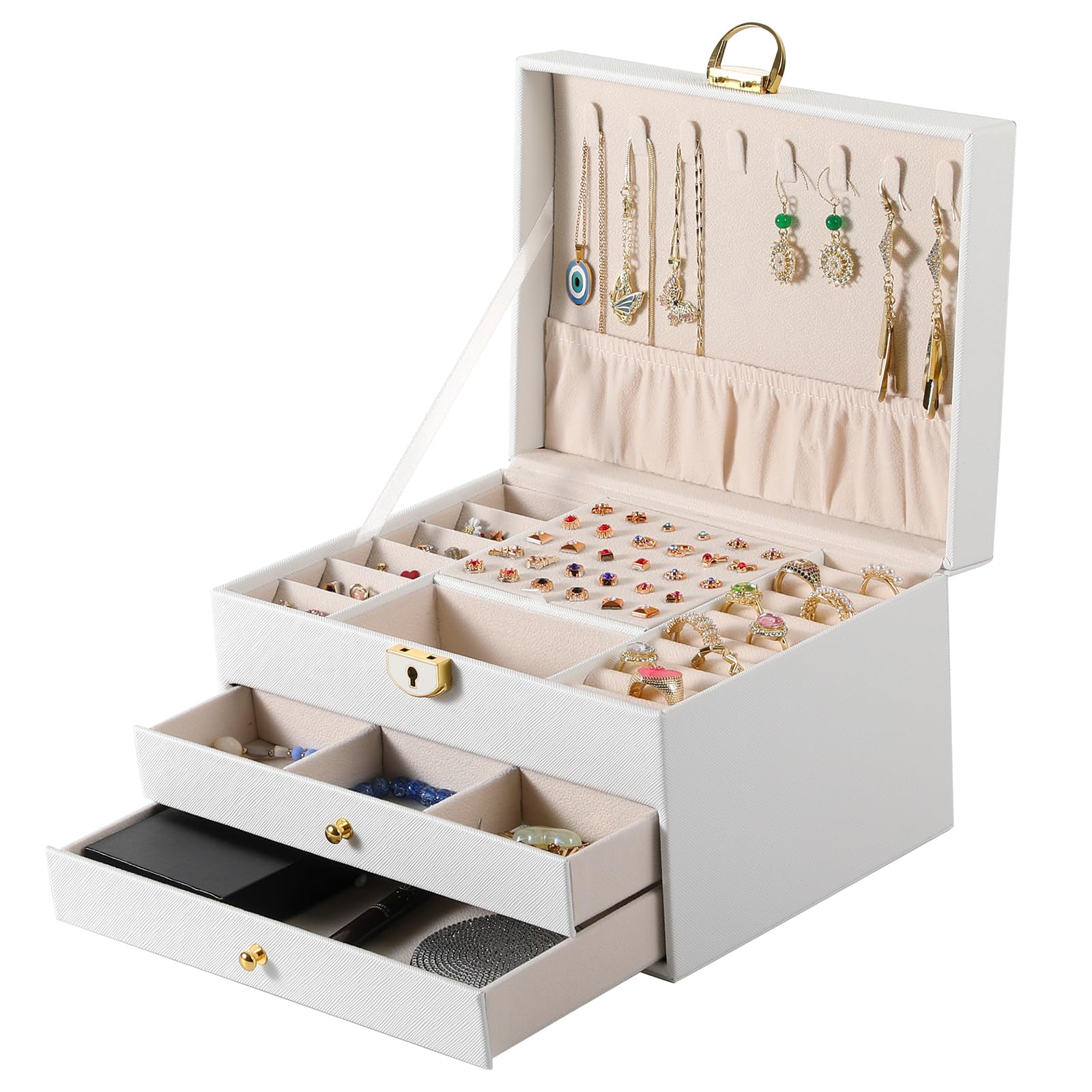 coobest 3 Layer Jewelry Box, Jewelry Holder Organizer with Jewelry Organizer Drawer, Large Jewelry Boxes & Organizer with Velvet Earring Organizer, Lockable Jewelry Holder, Mothers Day Gifts for Mom