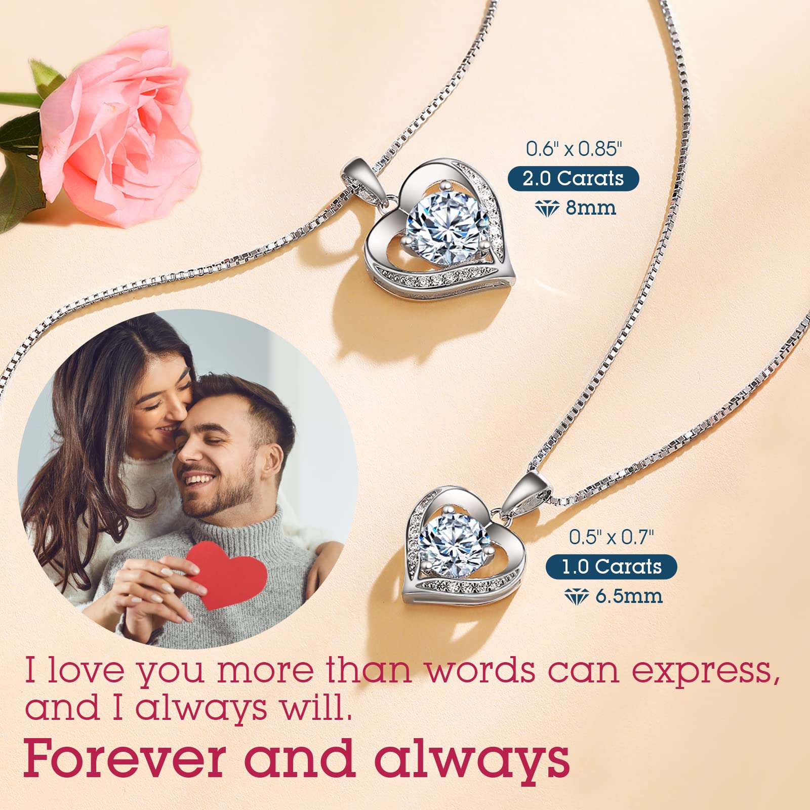 ONLYLIKE Heart Pendant Necklace Gifts for Wife, Engraved 'I LOVE YOU' Gift for Wife, 1 Carat Moissanite Necklace, Anniversary Eternity Jewelry Present for Wife, Birthday Gifts for Women